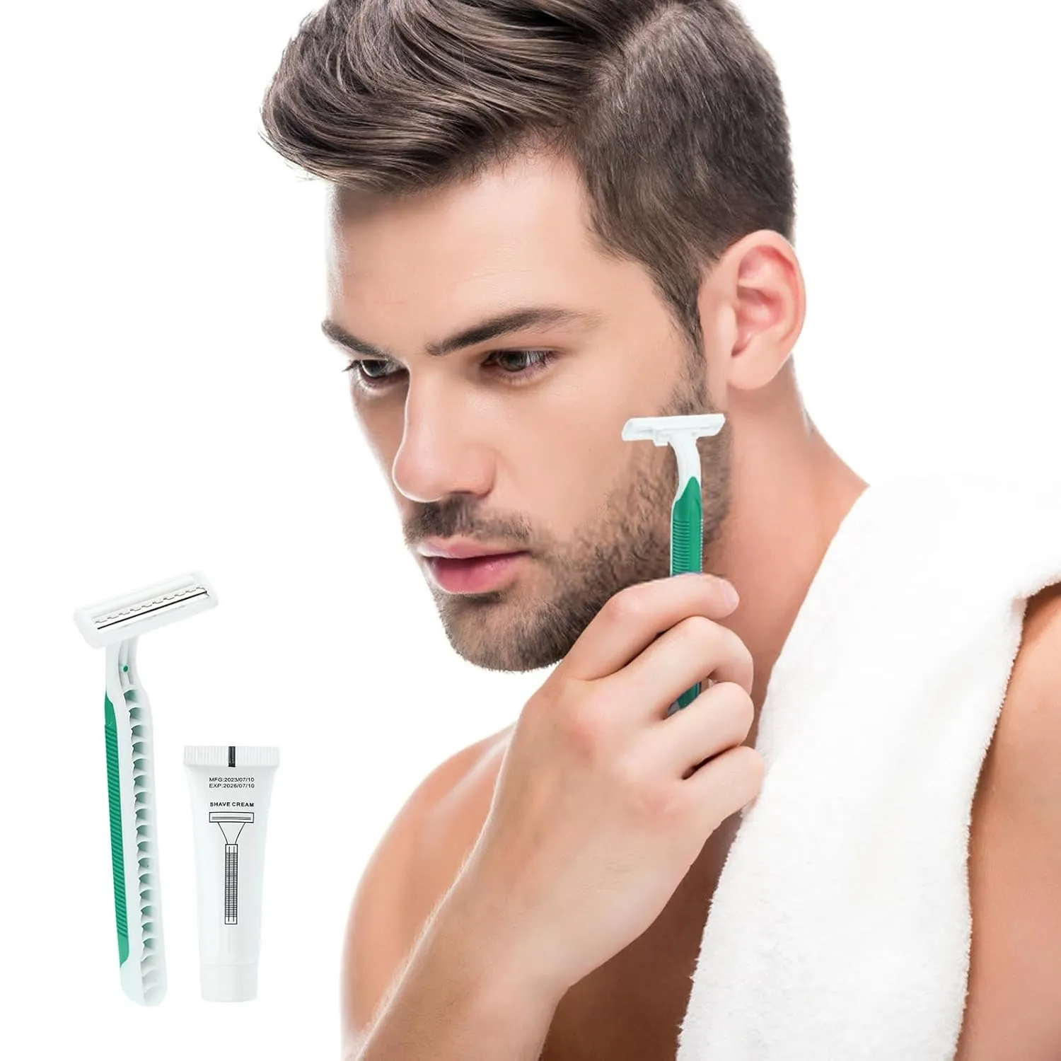 Disposable Razors in Bulk Pack of 30,Green Disposable Shaving Razors Individual Wrapped Twin Blade Bulk Disposable Razors with Clear Cap and 10g Shaving Cream for Homeless,Hotel,Travel,Charity,Shelter