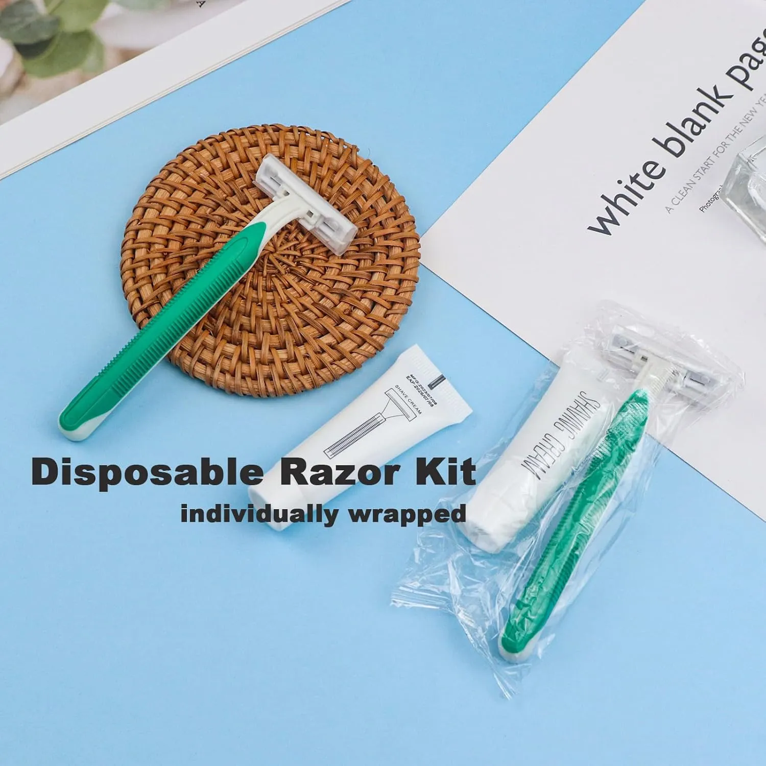 Disposable Razors in Bulk Pack of 30,Green Disposable Shaving Razors Individual Wrapped Twin Blade Bulk Disposable Razors with Clear Cap and 10g Shaving Cream for Homeless,Hotel,Travel,Charity,Shelter