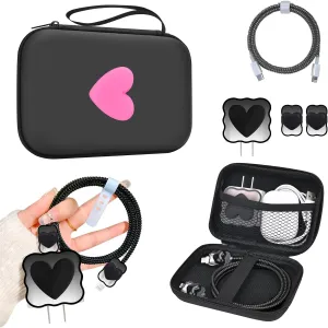 DIY Phone Charger Case Storage Sets Cable Protector USB-C Earphone Wire Saver with Hot Pink Love Travel Storage Bag, Cute Cable Charger Protector Cord Organizer for iPhone (Black Love Heart)