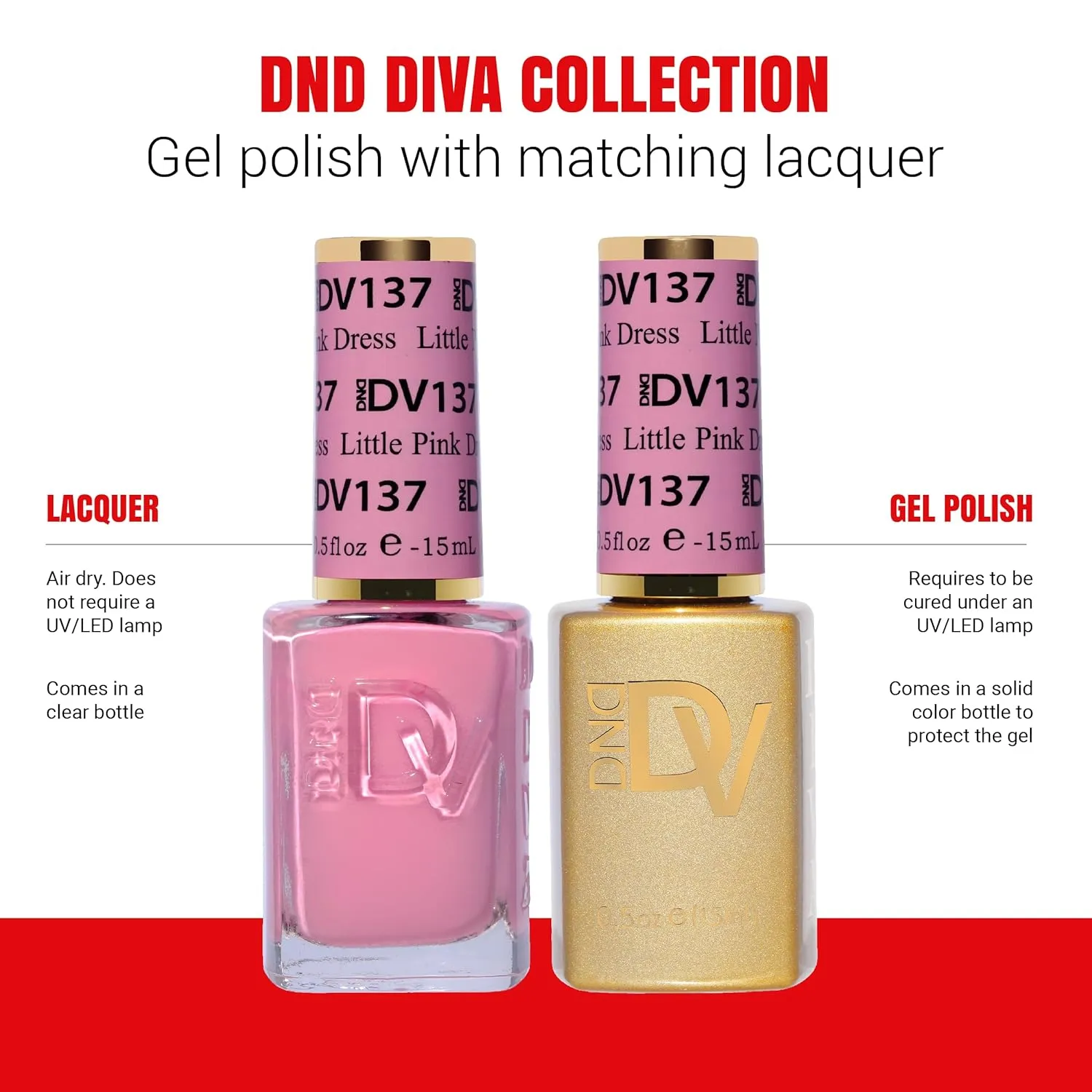 DND Diva Gel Polish Set, Soda Poppin Collection, UV/LED Gel Polish and Air Dry Nail Lacquer, Matching Chip-Free Polish Duo, 137 Little Pink Dress, 0.5 Fl Oz
