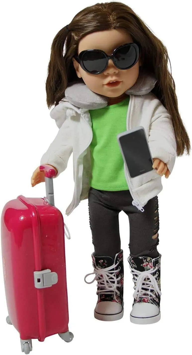 Doll Accessories - Best Toys for 3 Year Old Girls - 15 pc Travel Playset for Kids Includes Suitcase, Glasses, Pillow -Stuff Compatible with Most 18 Inch Dolls