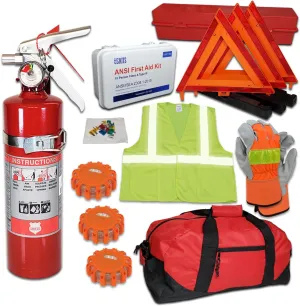 DOT ANSI OSHA Roadside Safety Kit – Includes US-Made 1A:10BC Fire Extinguisher, LED Flares, Hi-Vis Gear – for Fleet Vehicles, Construction Crews & Commercial Drivers Needing Night Visibility
