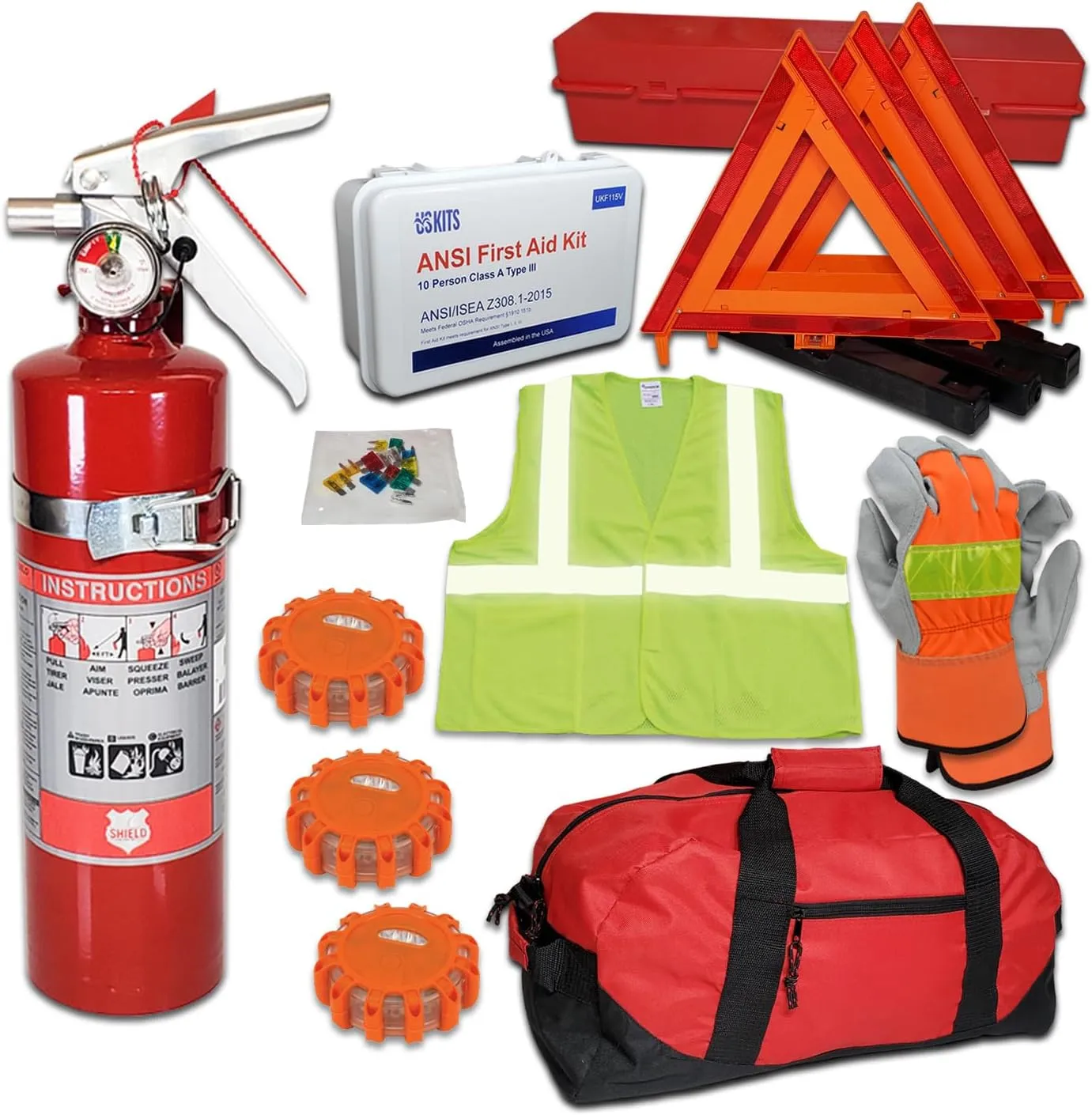 DOT ANSI OSHA Roadside Safety Kit – Includes US-Made 1A:10BC Fire Extinguisher, LED Flares, Hi-Vis Gear – for Fleet Vehicles, Construction Crews & Commercial Drivers Needing Night Visibility