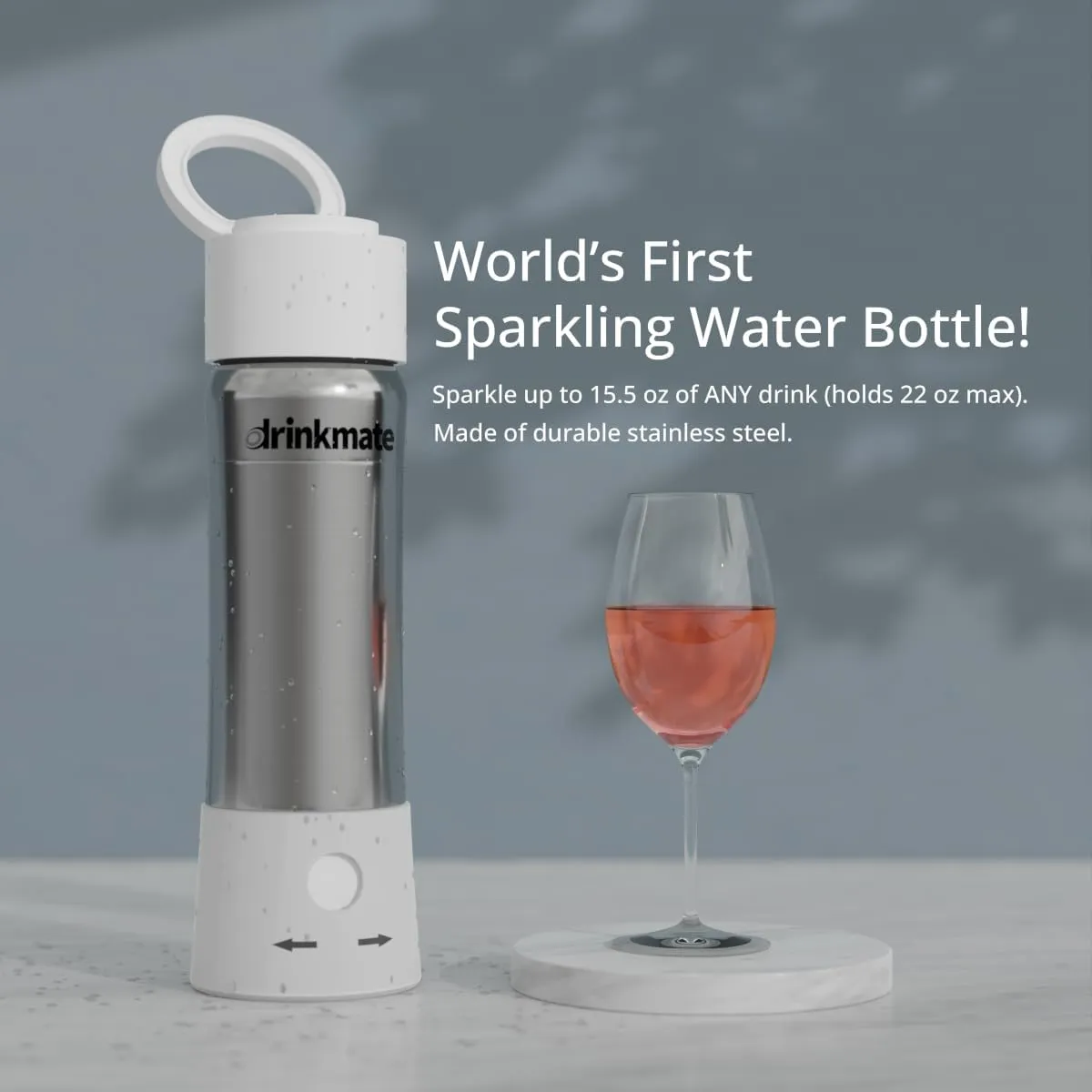 Drinkmate instaFizz Carbonating Water Bottle - Sparkles ANY Drink On the Go - 21oz Stainless Steel, BPA-Free, Wide Mouth, With Insulating Sleeve and Ten 8g CO2 Chargers (White)