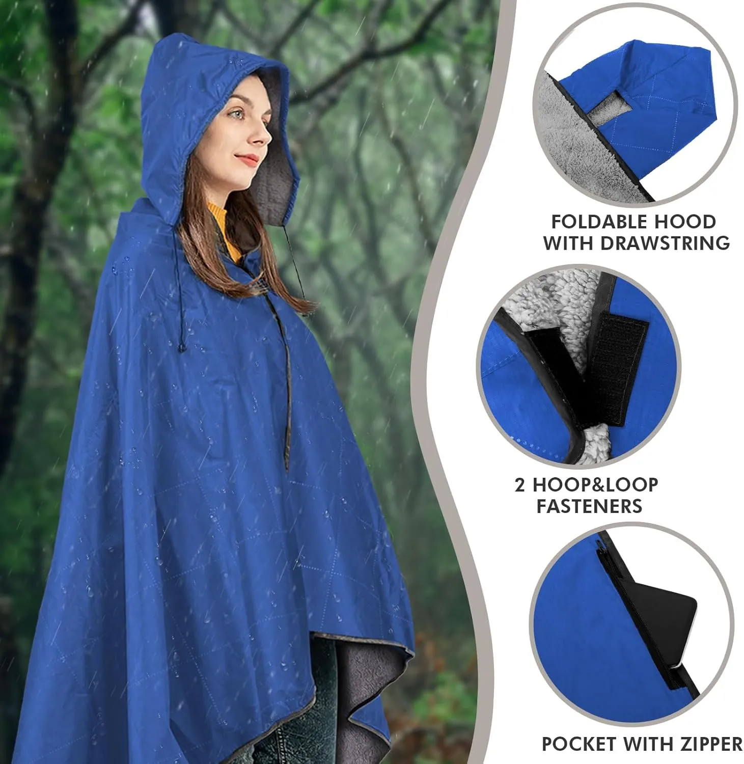DUKUSEEK Sherpa Waterproof Outdoor Blanket, Large Sherpa Hooded Stadium Blankets for Cold Weather, Portable Wearable Camping Blankets for Concerts, Grass, Car, Boat, Pets, Sporting Events，79x59