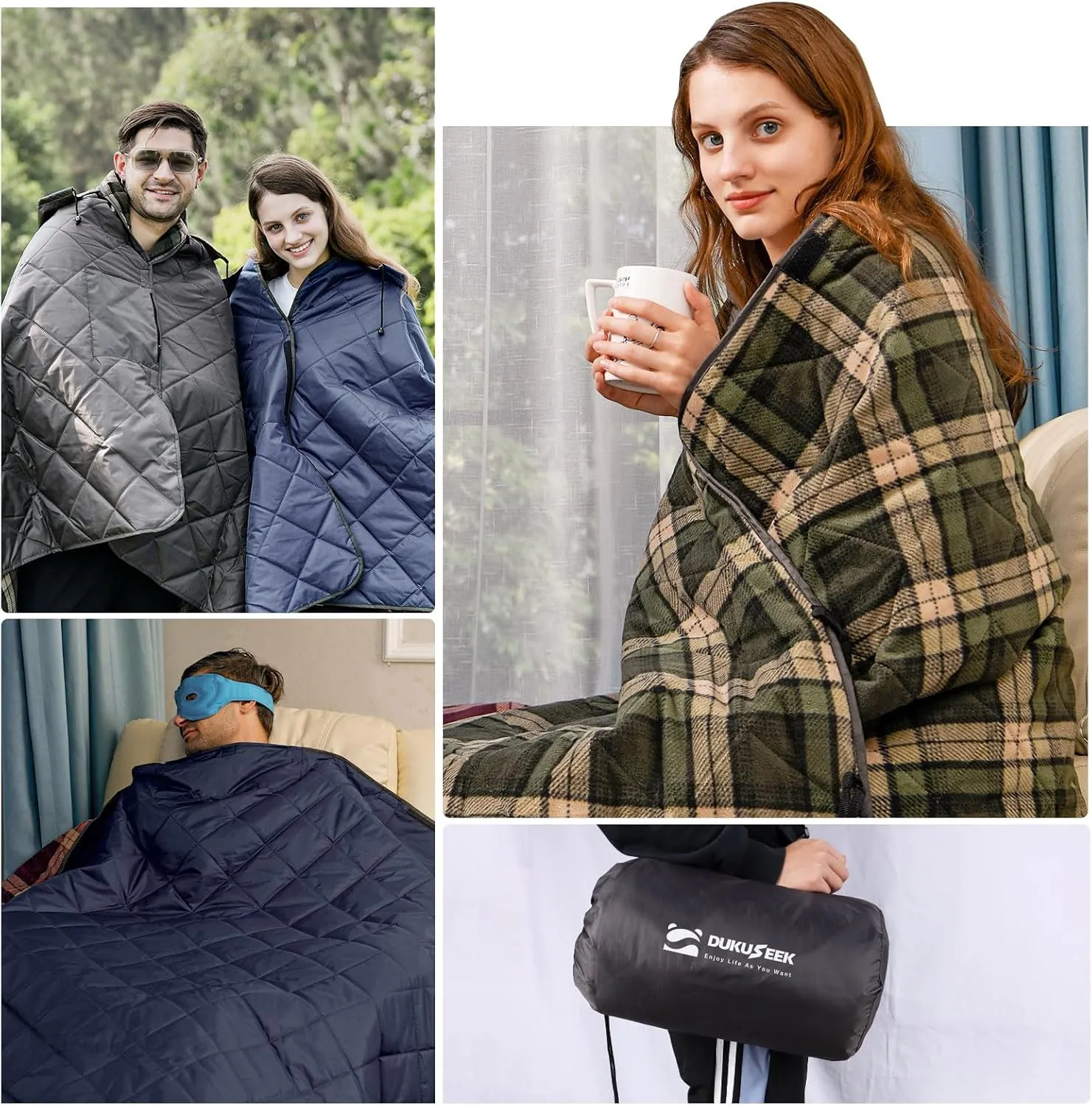 DUKUSEEK Waterproof Camping Blanket with Super Thick Fleece Lining, Large Outdoor Blanket Windproof with Foldable Hood for Camping Stadium Sporting Events,79"x 58"