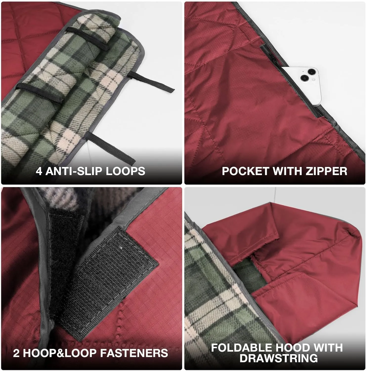 DUKUSEEK Waterproof Camping Blanket with Super Thick Fleece Lining, Large Outdoor Blanket Windproof with Foldable Hood for Camping Stadium Sporting Events,79"x 58"