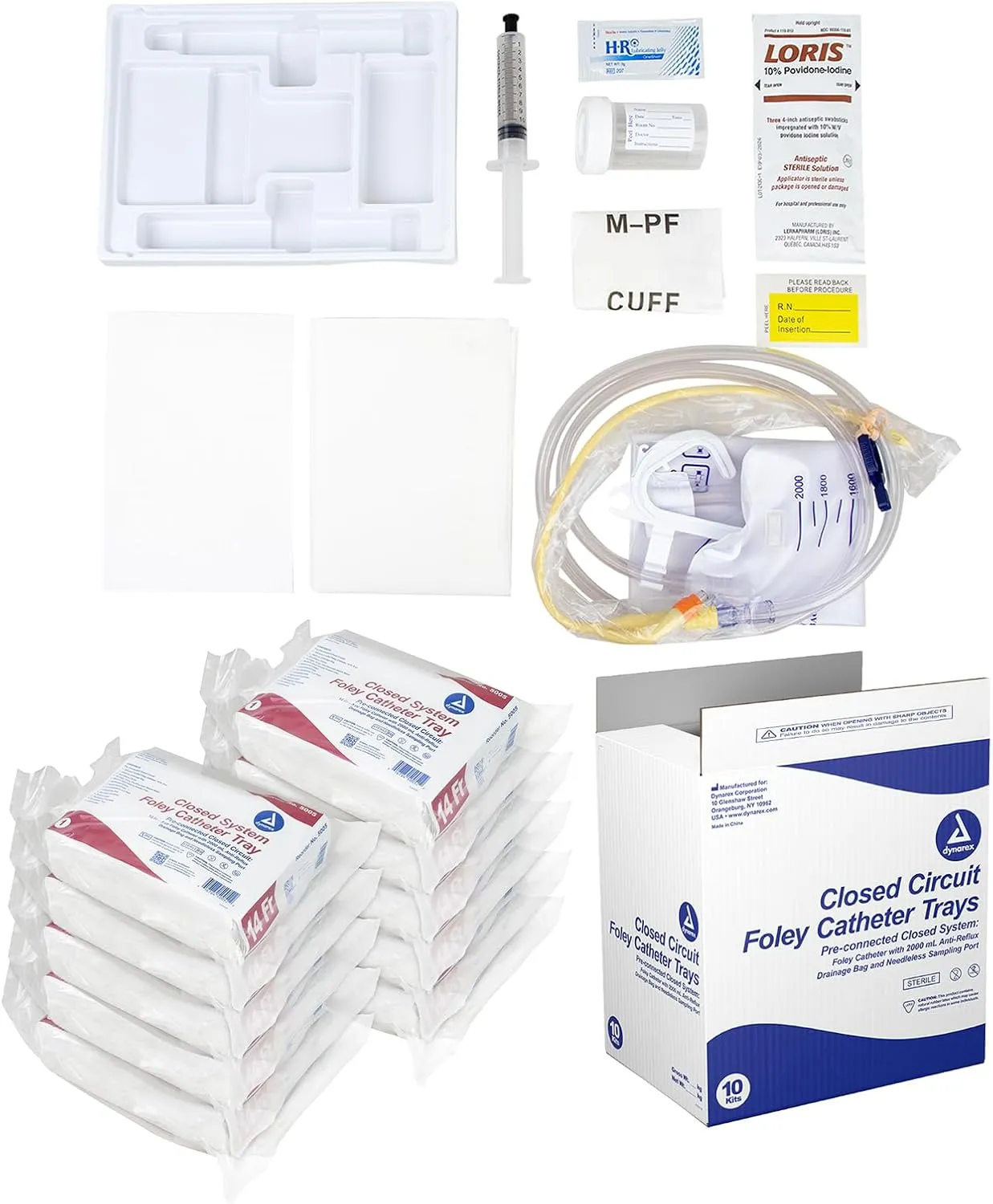 Dynarex Closed System Foley Catheter Trays - Complete, Ready To Use Catheter Kit With Insertion Supplies - Single-Use, Sterile - 14FR, 10 Per Case
