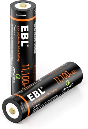EBL 3.7V Li-ion Rechargeable Batteries 3000mAh 18J Rechargeable USB Lithium Battery for Flashlights, Headlamps, Doorbells, RC Cars (2 Pack)