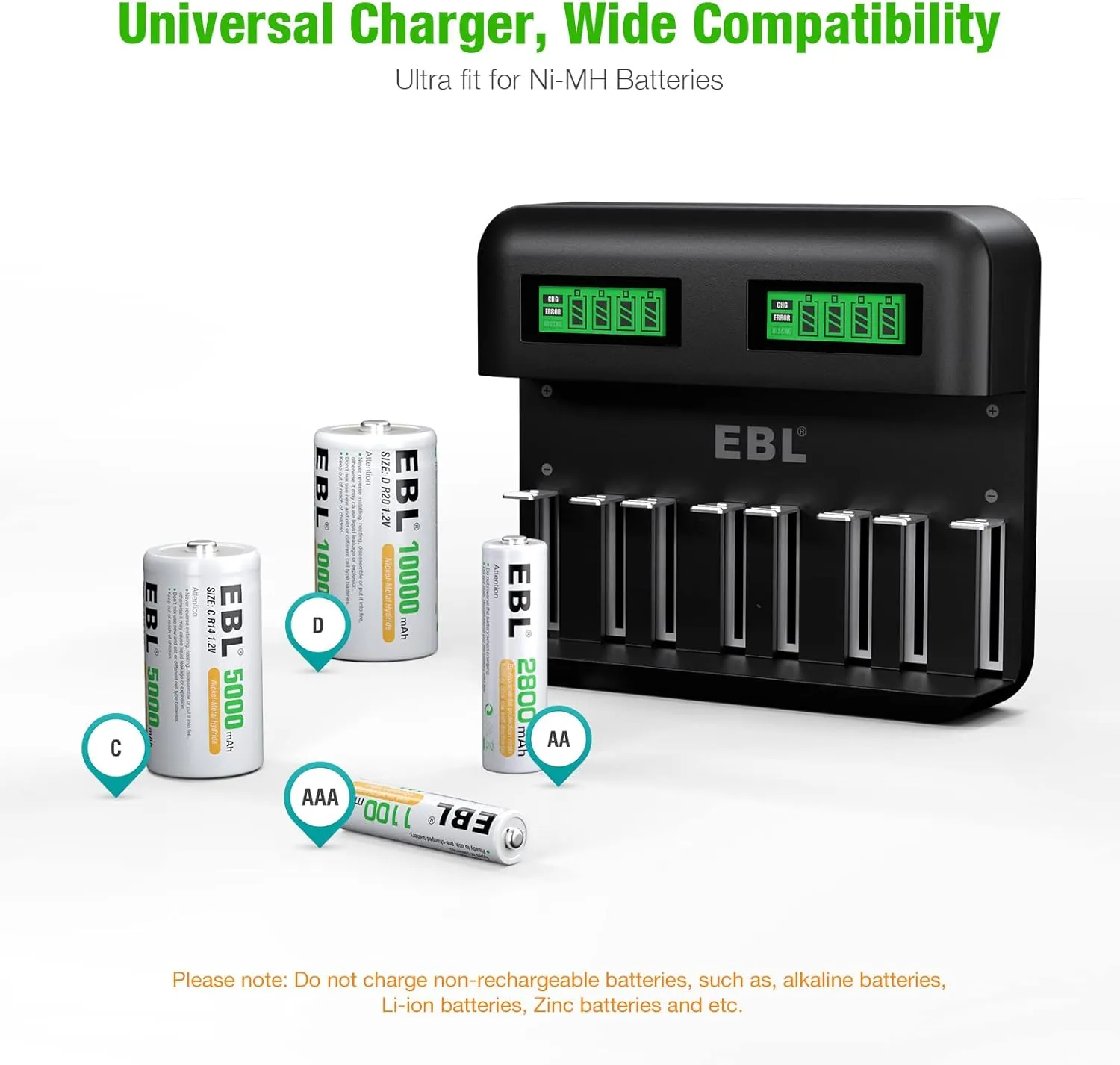 EBL Rechargeable C Batteries (4 Pack) and LCD Smart Battery Charger for Ni-MH AA AAA C D Rechargeable Batteries