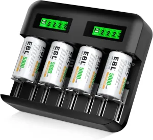 EBL Rechargeable C Batteries (4 Pack) and LCD Smart Battery Charger for Ni-MH AA AAA C D Rechargeable Batteries