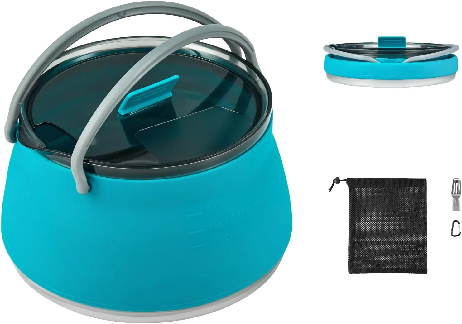 EEZEE 1L Collapsible Camping Kettle Portable Travel Kettle Folding Silicone Camping Cook Pot Foldable Compact Hiking Water Boiler and Warmer with Lid BPA-Free Backpacking Pot, Blue