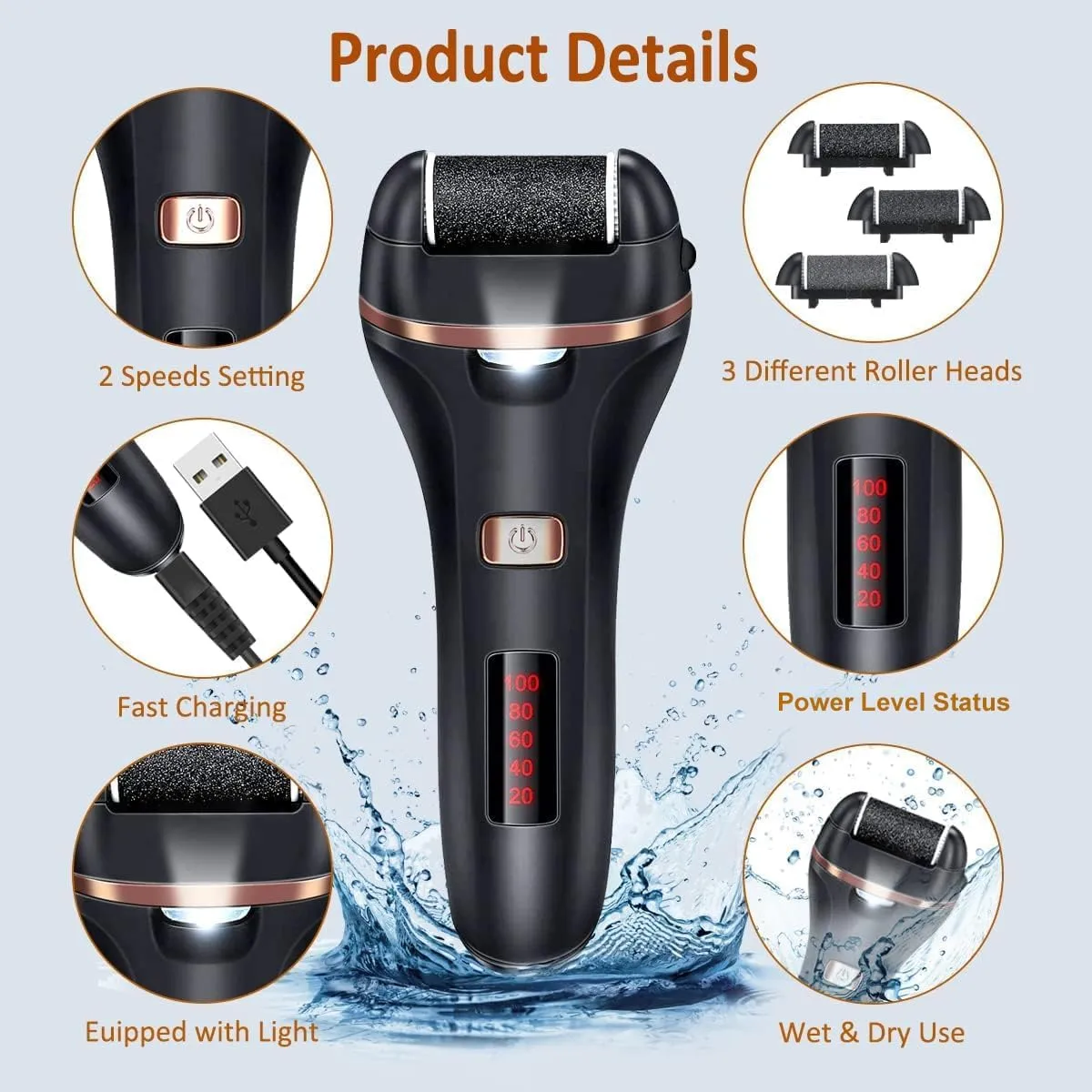 Electric Callus Remover for Feet,Rechargeable Foot File Hard Skin Remover,Waterproof 14 in1 Professional Pedicure Kit for Cracked Heels &Dead Skin,with 3 Roller Heads 2 Speed