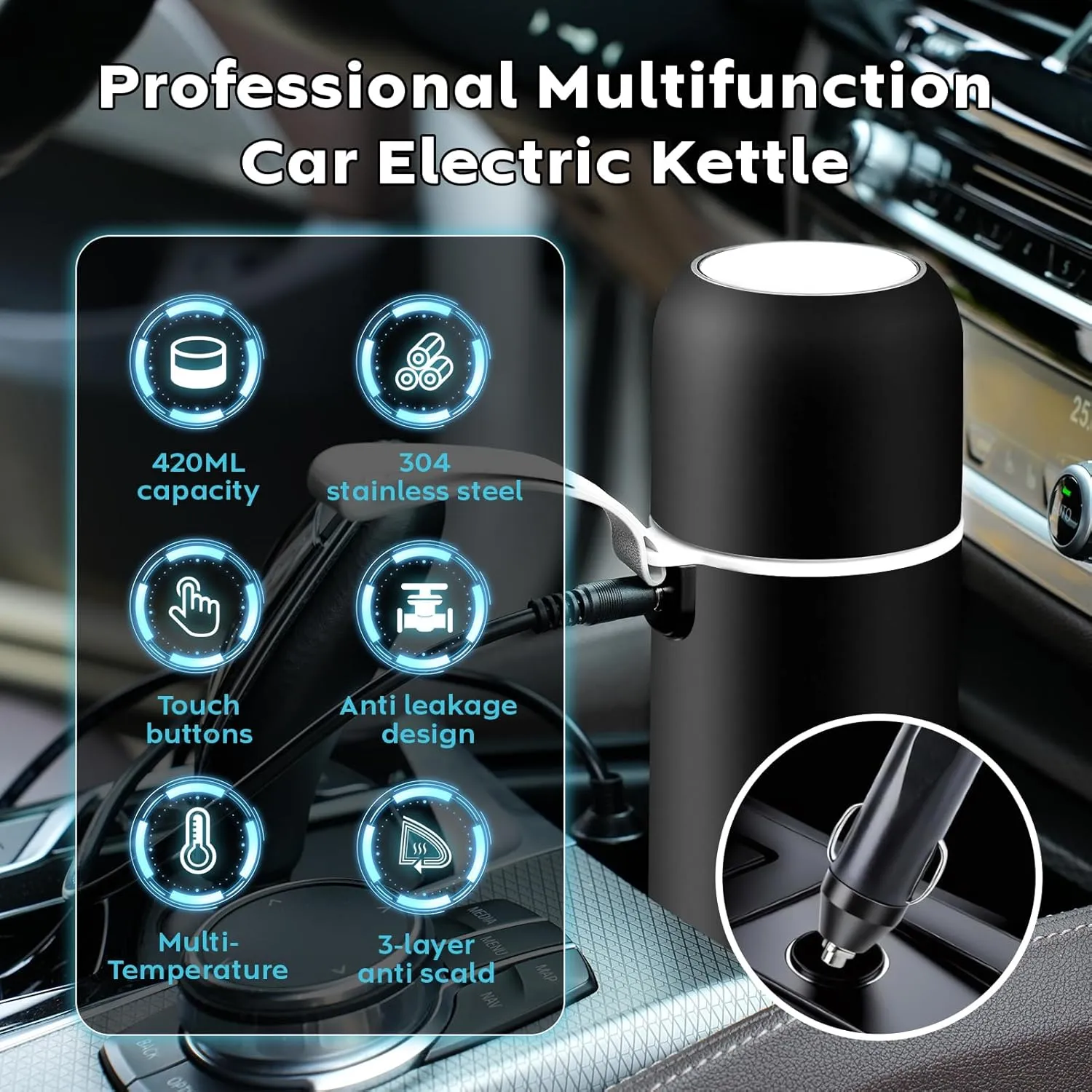 Electric Travel Kettle,12V/24V Car Coffee Warmer Kettle,Portable Hot Water Boiler,Small Hot Water Heater with Built-in Magnetic Induction Stirring