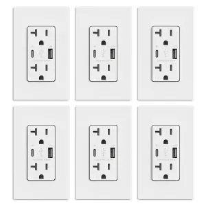 ELEGRP USB Charger Wall Outlet, USB Receptacle with Type A & Type C USB Ports, 20 Amp Duplex Tamper Resistant Receptacle Plug, Wall Plate Included, UL Listed (6 Pack, Matte White)