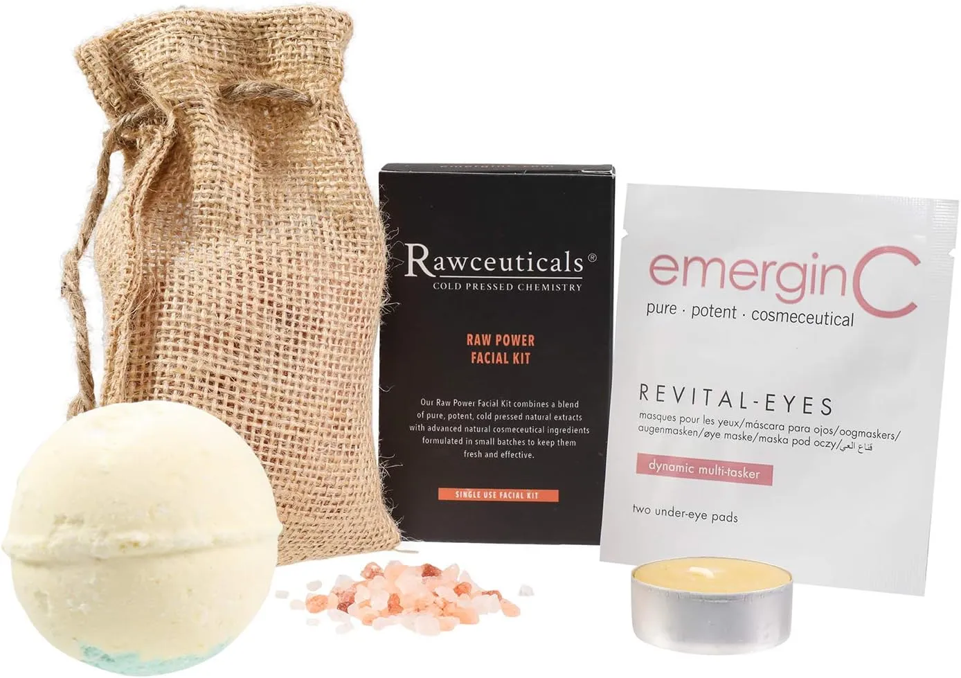 emerginC at-Home Luxury Spa Kit, Rawceuticals - 5-Piece Skincare   Self Care Set - Raw Power Facial Kit, Revital-Eyes Mask, Essential Oil Bath Bomb, Himalayan Bath Salts   Beeswax Candle