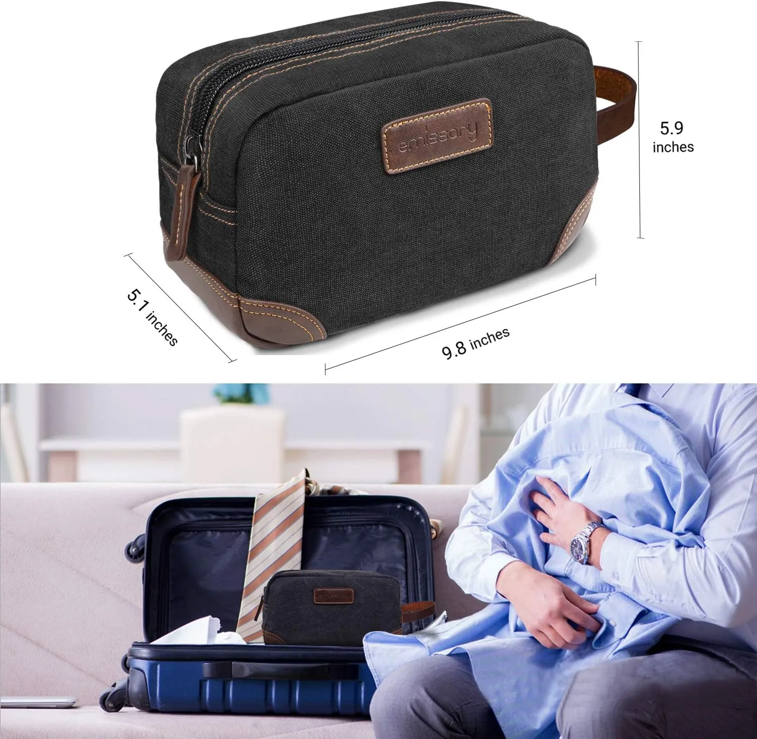 emissary Men's Toiletry Bag, Leather and Canvas Travel Toiletry Bag, Dopp Kit for Men, Travel Bathroom Bag Men's Shaving Kit, Travel Kit Small Bags for Men, Shaving Bag for Travel Accessories (Black)
