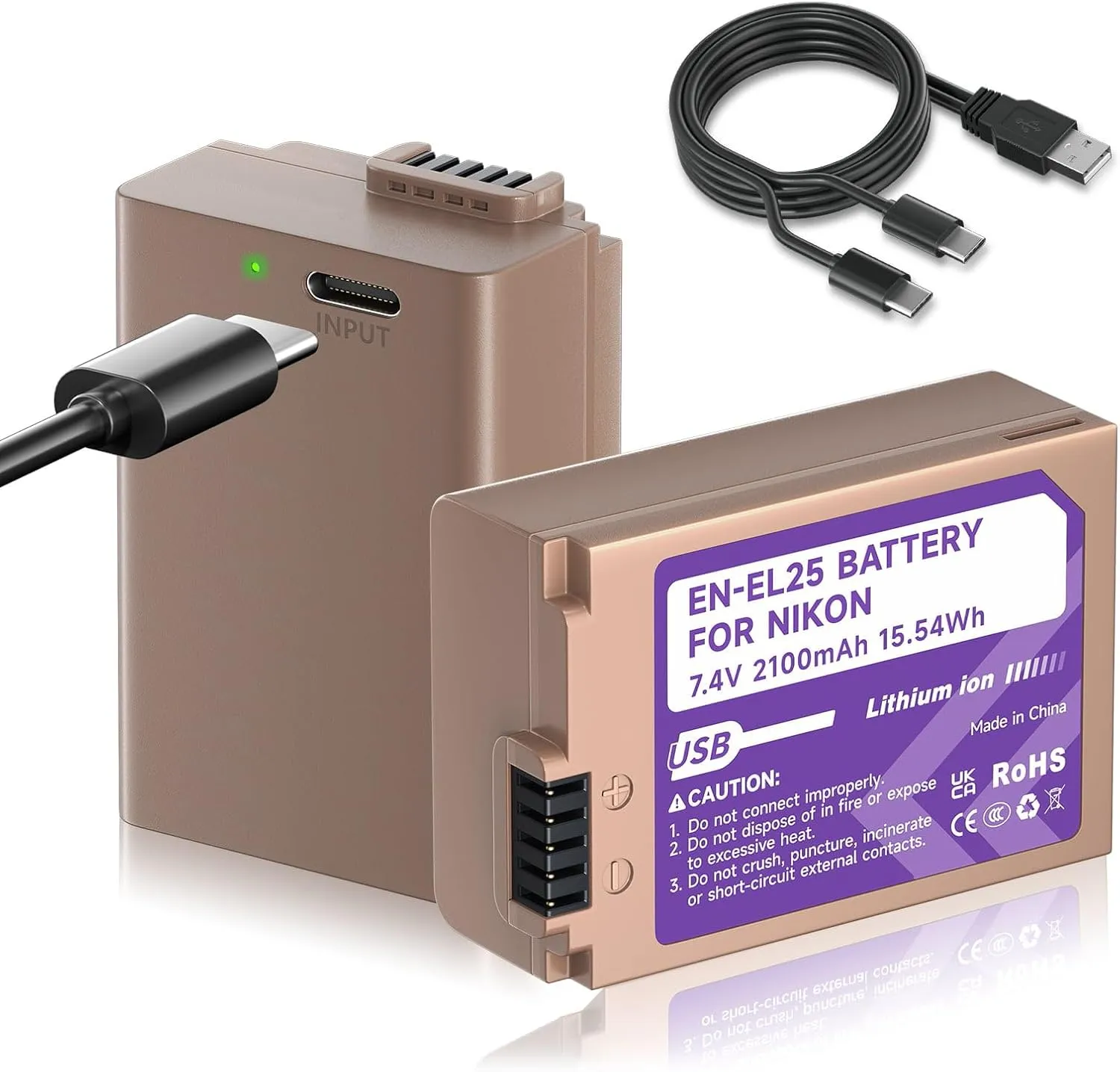 EN-EL25 EN-EL25A Battery 2100mAh 2-Pack with Type-C Direct Charging Port Compatible with Nikon Z30 Z50 ZFC Camera,4241 EN-EL25a Battery MH-32 Charger