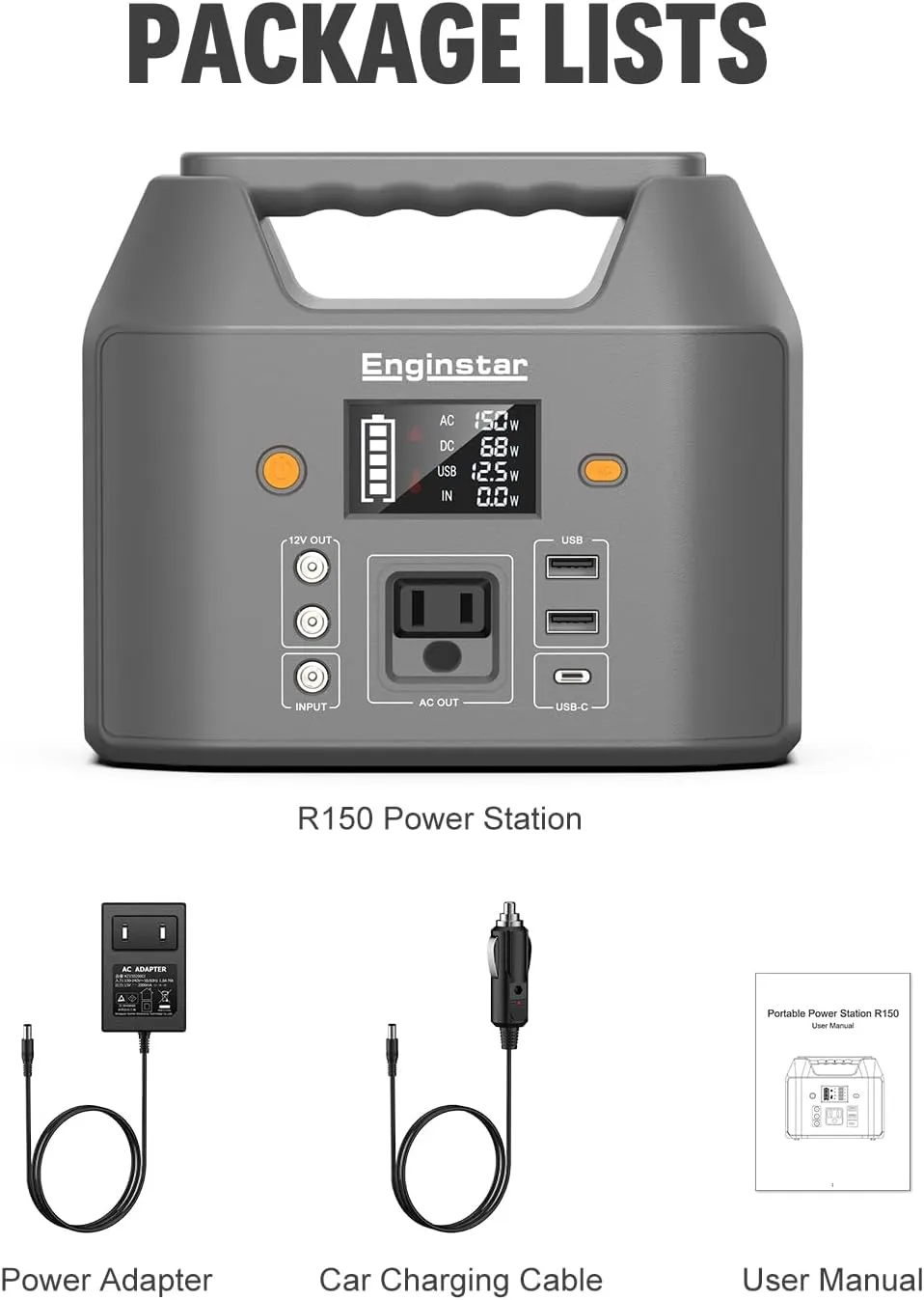 EnginStar Portable Power Station 150W 155Wh Solar Generator 110V 42000mAh Portable Power Bank w/AC Outlet, 6 Outputs External Battery Backup LED Light for Outdoor Camping