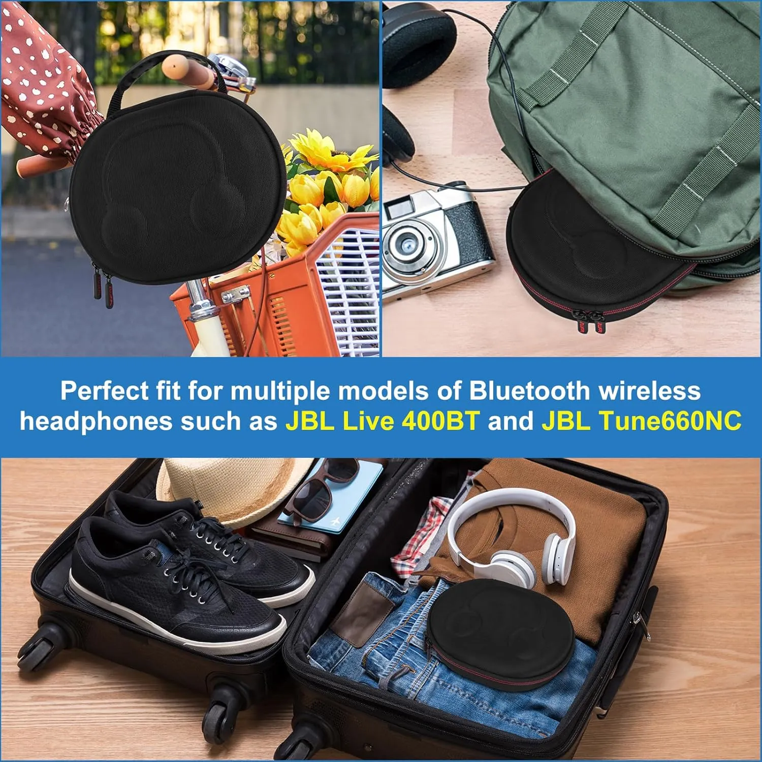 EVA Hard Case for JBL Live 770NC/670NC/660NC/650BT/460NC/400BT/500BT and JBL Tune 770NC/710BT/720BT/700BT/750BT/520BT/510BT/760NC/660NC/500/E45BT Wireless Headphone(Black Case Inside Blue)