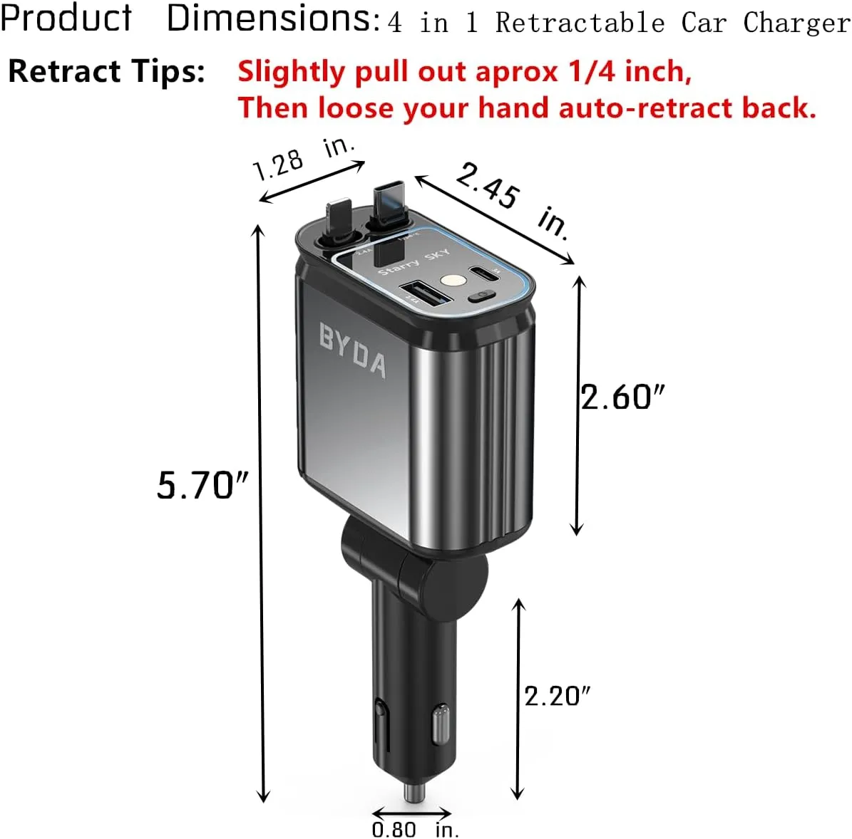 Fast Car Charger 4 in 1 Retractable Car Charger 69W with Starry Light,USB-C Fast Car Accessories,Compatible with All iPhones Android (Grey, Lightning USB-C)