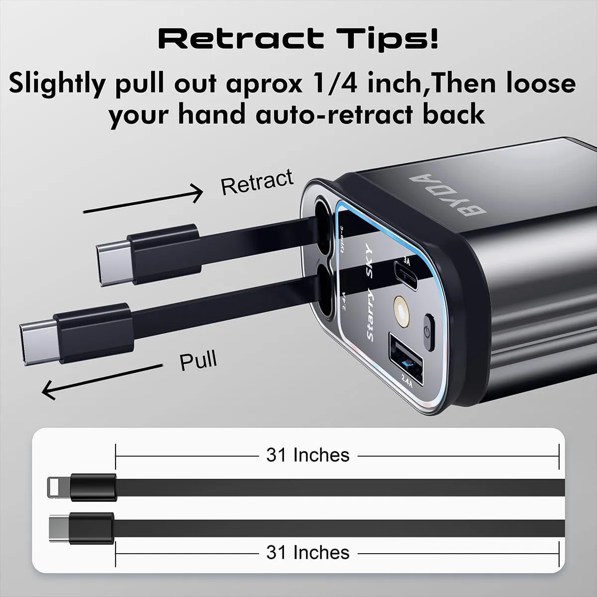 Fast Car Charger 4 in 1 Retractable Car Charger 69W with Starry Light,USB-C Fast Car Accessories,Compatible with All iPhones Android (Grey, Lightning USB-C)