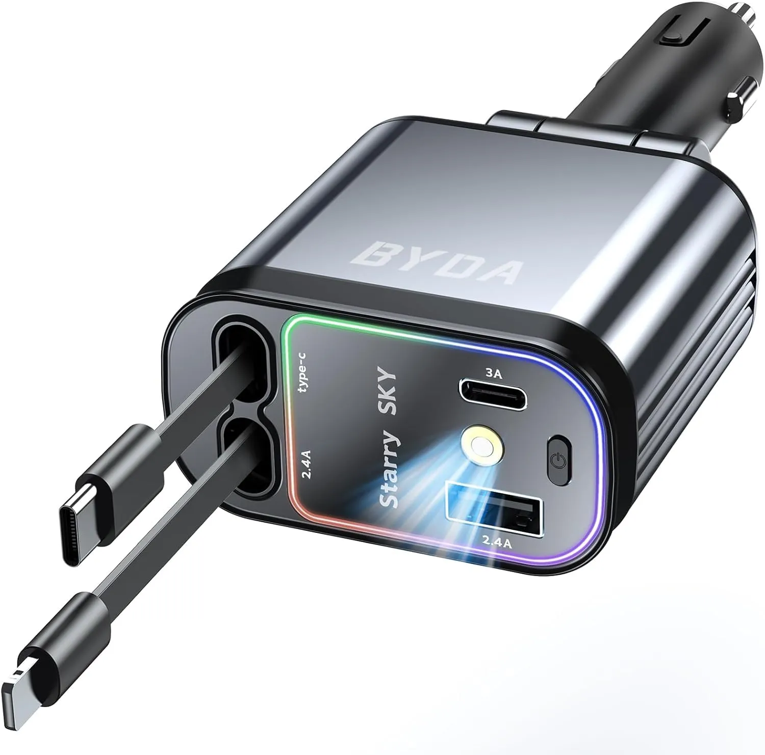 Fast Car Charger 4 in 1 Retractable Car Charger 69W with Starry Light,USB-C Fast Car Accessories,Compatible with All iPhones Android (Grey, Lightning USB-C)