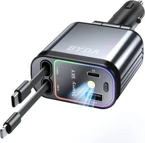 Fast Car Charger 4 in 1 Retractable Car Charger 69W with Starry Light,USB-C Fast Car Accessories,Compatible with All iPhones Android (Grey, Lightning USB-C)