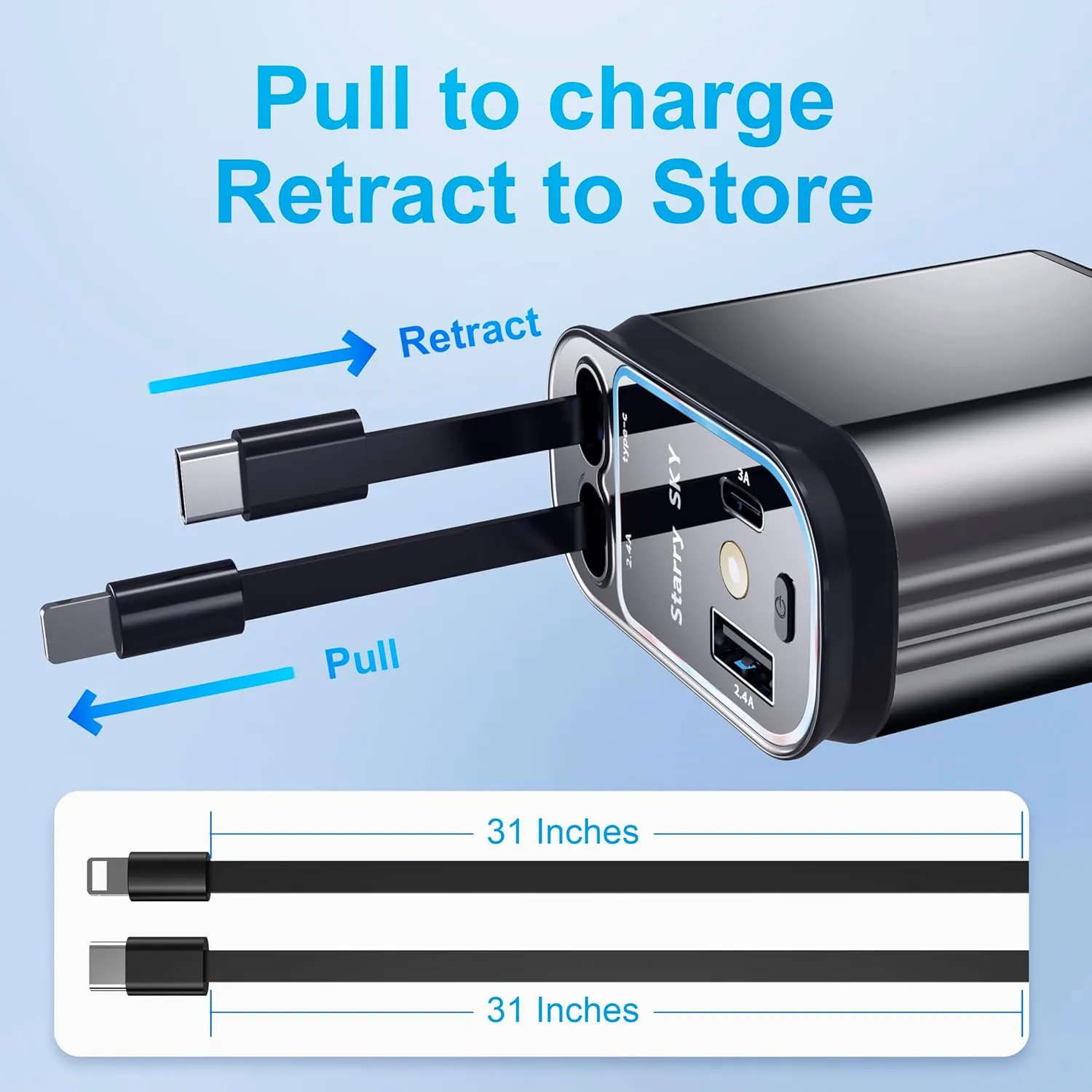 Fast Car Charger 4 in 1 Retractable Car Charger 69W with Starry Light,USB-C Fast Car Accessories,Compatible with All iPhones Android (Grey, Lightning USB-C)