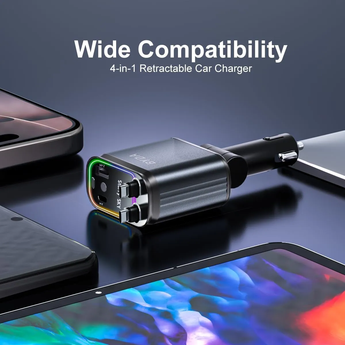 Fast Car Charger 4 in 1 Retractable Car Charger 69W with Starry Light,USB-C Fast Car Accessories,Compatible with All iPhones Android (Grey, Lightning USB-C)