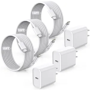 Fast Charger for iPhone 16/15 Charger,10FT Extra Long Fast Charging 3Pack USB-C Wall ChargerBlock USB C To USB C Fast Charging Cable Cord for iPhone 16 Pro Max/iPhone 15 Pro/15 Plus,iPad Pro/Air/Mini