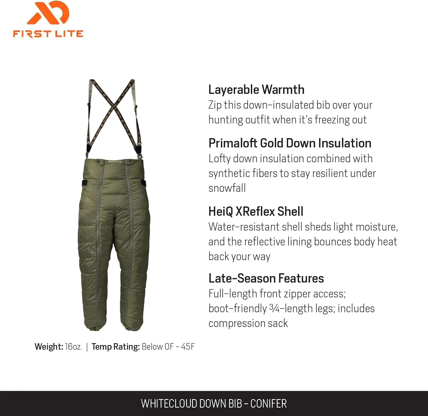 First Lite Men's Whitecloud Down Bib - Warm Packable Hunting Bib Puffy Pants
