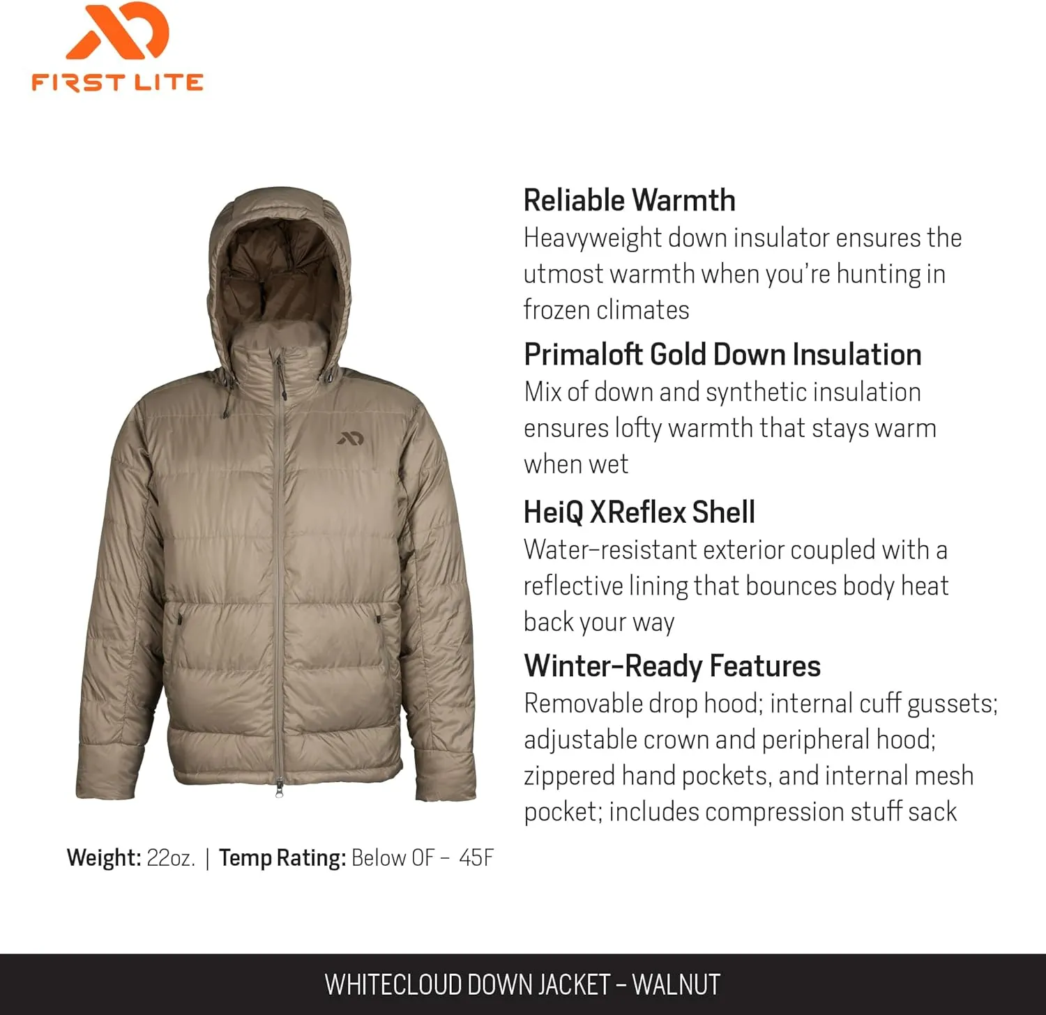 First Lite Men's Whitecloud Down Jacket - Warm Packable Hunting Puffy Coat
