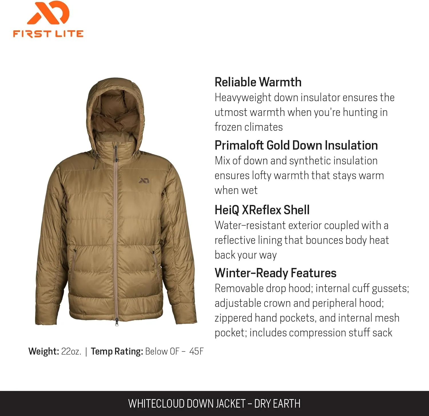 First Lite Men's Whitecloud Down Jacket - Warm Packable Hunting Puffy Coat