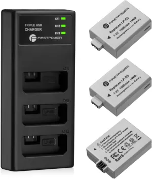 FirstPower LP-E5 Battery 3-Pack 1900mAh with Triple Slot Charger for Canon LP-E5 Canon EOS Rebel XS, Rebel XSi, Rebel T1i, EOS 1000D, EOS 500D, EOS 450D, Kiss X3, Kiss X2, Kiss F Digital Camera