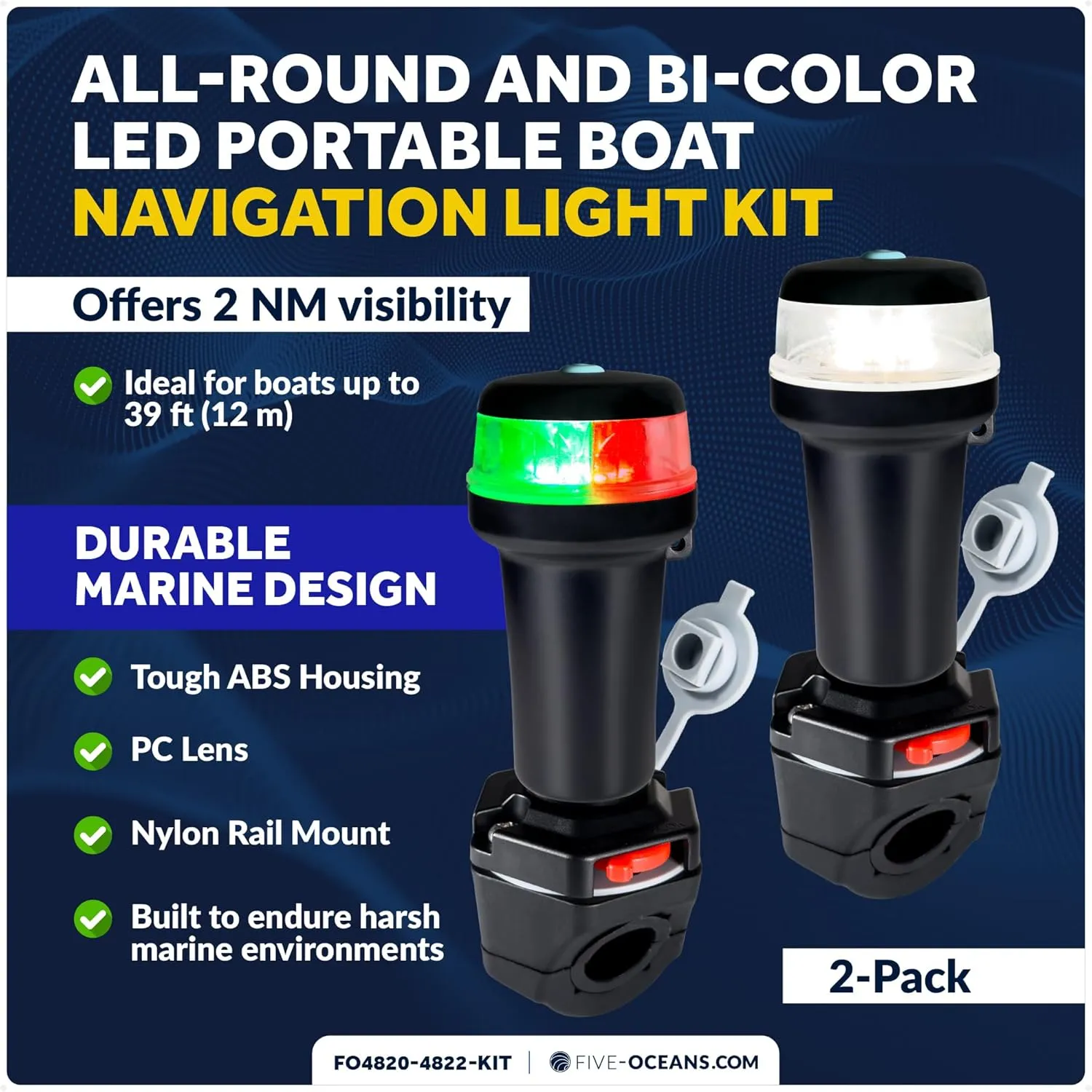 Five Oceans LED Portable Boat Navigation Light Kit, Bi-Color & All-Round Anchor Lights, IP67 Waterproof, Rail Mount, Battery-Powered, for Kayak, Canoe, Inflatable, Boats Up to 39 Ft - FO4820-4822-KIT