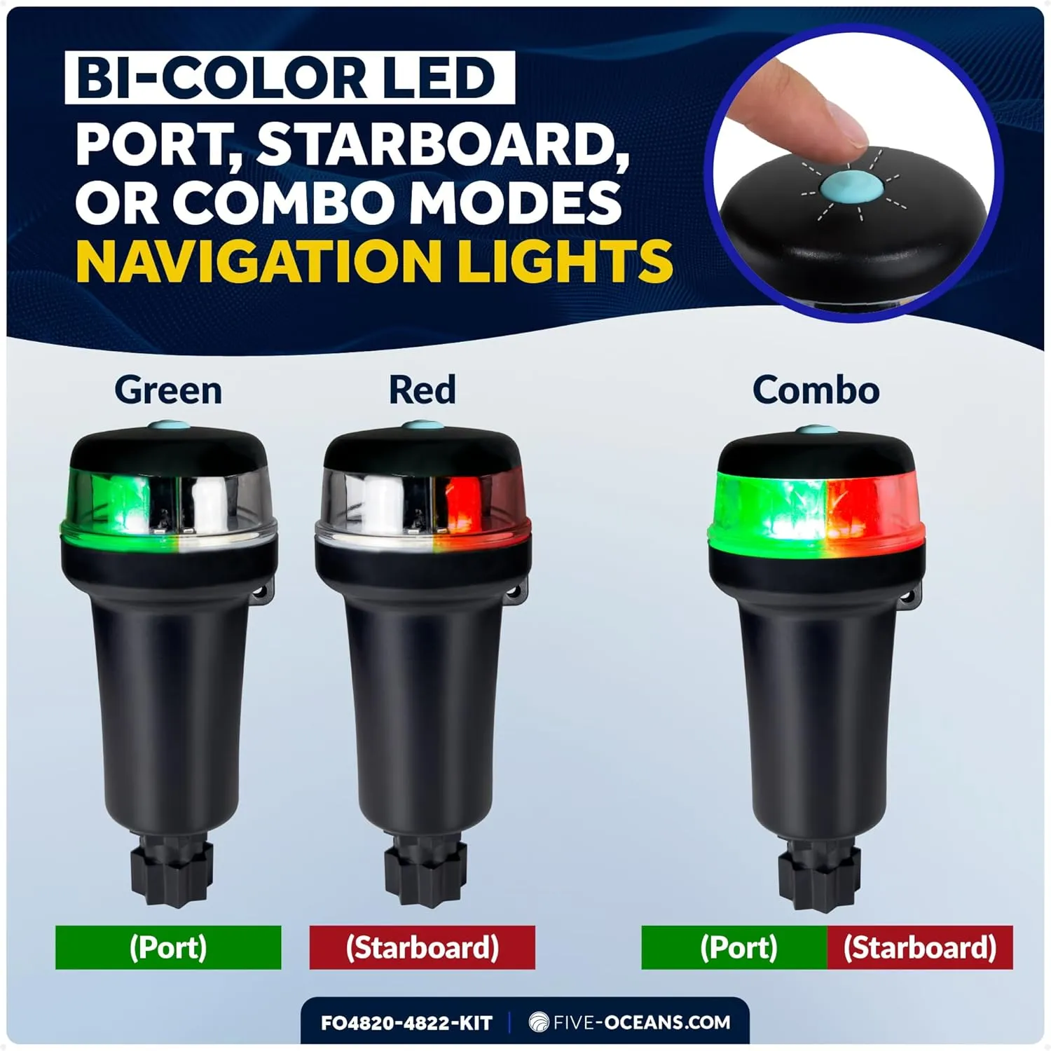 Five Oceans LED Portable Boat Navigation Light Kit, Bi-Color & All-Round Anchor Lights, IP67 Waterproof, Rail Mount, Battery-Powered, for Kayak, Canoe, Inflatable, Boats Up to 39 Ft - FO4820-4822-KIT