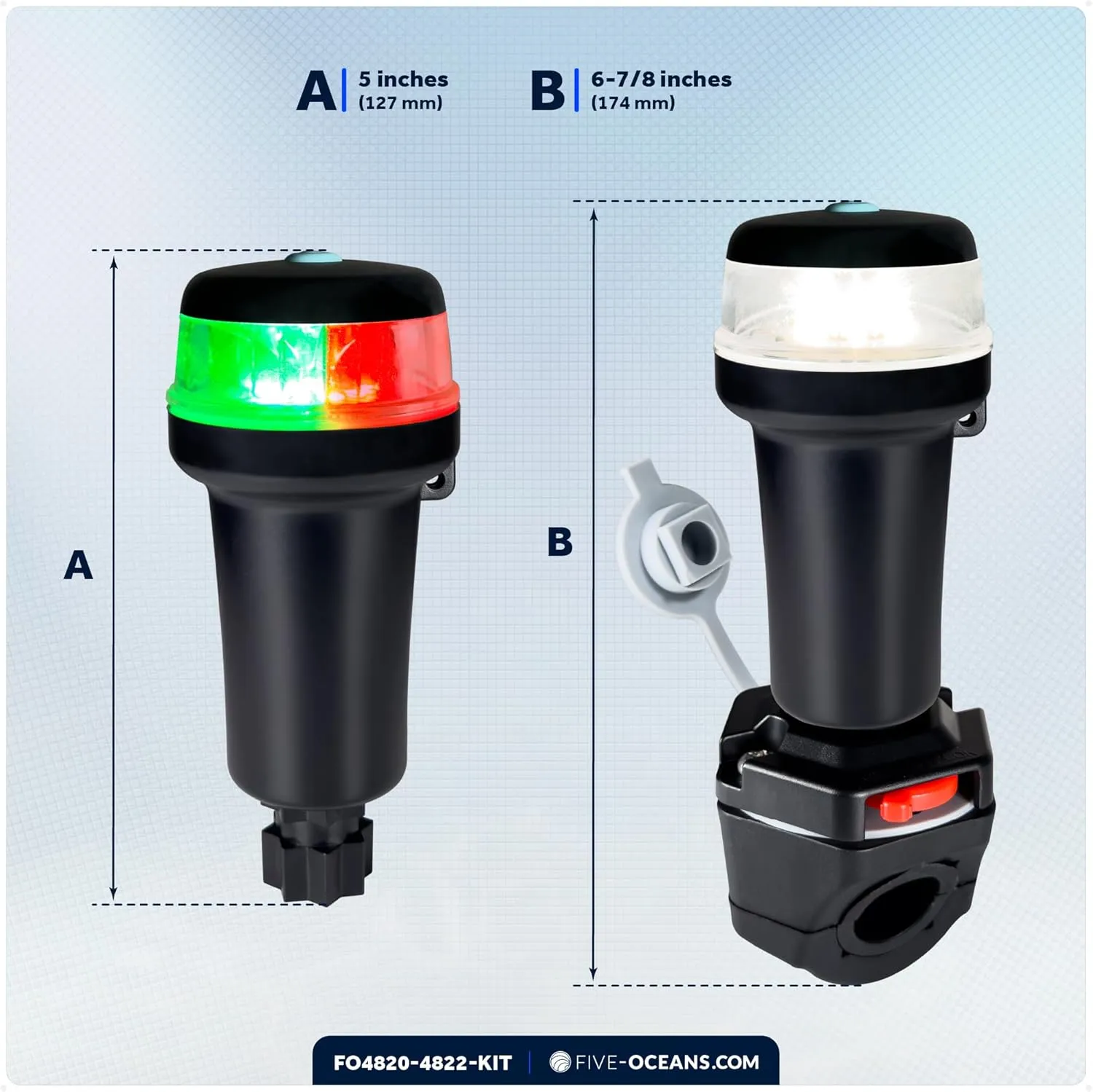 Five Oceans LED Portable Boat Navigation Light Kit, Bi-Color & All-Round Anchor Lights, IP67 Waterproof, Rail Mount, Battery-Powered, for Kayak, Canoe, Inflatable, Boats Up to 39 Ft - FO4820-4822-KIT