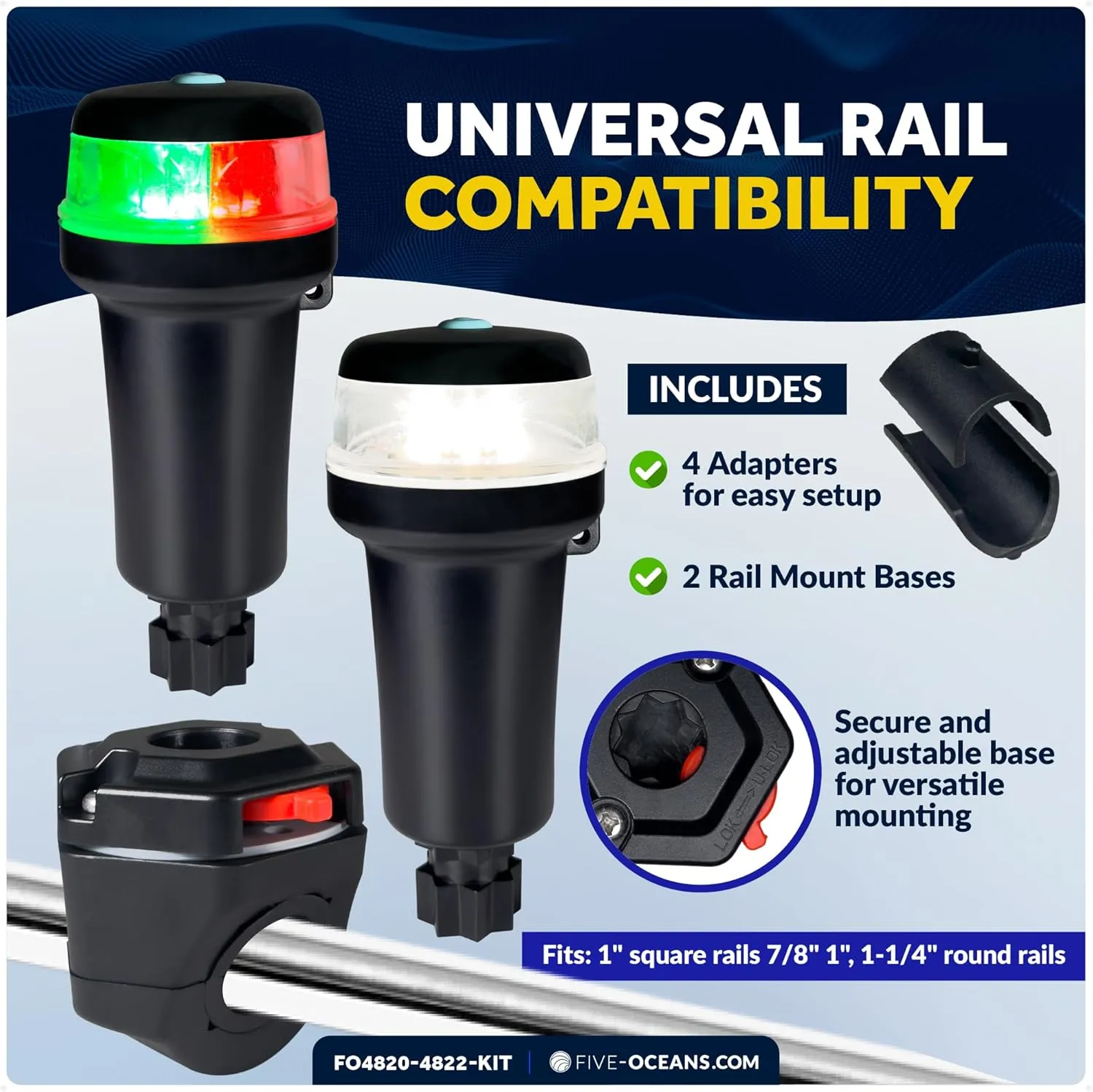 Five Oceans LED Portable Boat Navigation Light Kit, Bi-Color & All-Round Anchor Lights, IP67 Waterproof, Rail Mount, Battery-Powered, for Kayak, Canoe, Inflatable, Boats Up to 39 Ft - FO4820-4822-KIT