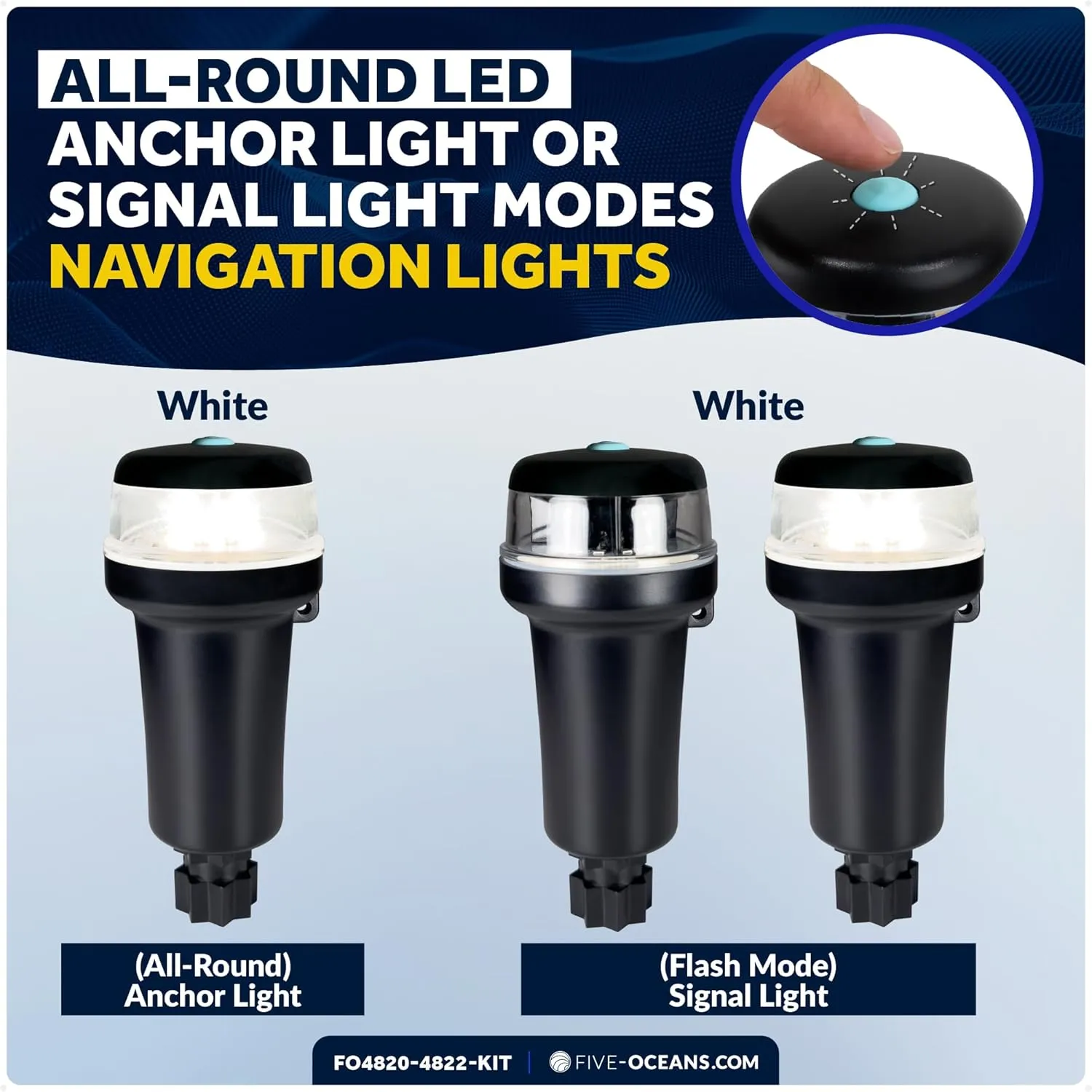 Five Oceans LED Portable Boat Navigation Light Kit, Bi-Color & All-Round Anchor Lights, IP67 Waterproof, Rail Mount, Battery-Powered, for Kayak, Canoe, Inflatable, Boats Up to 39 Ft - FO4820-4822-KIT