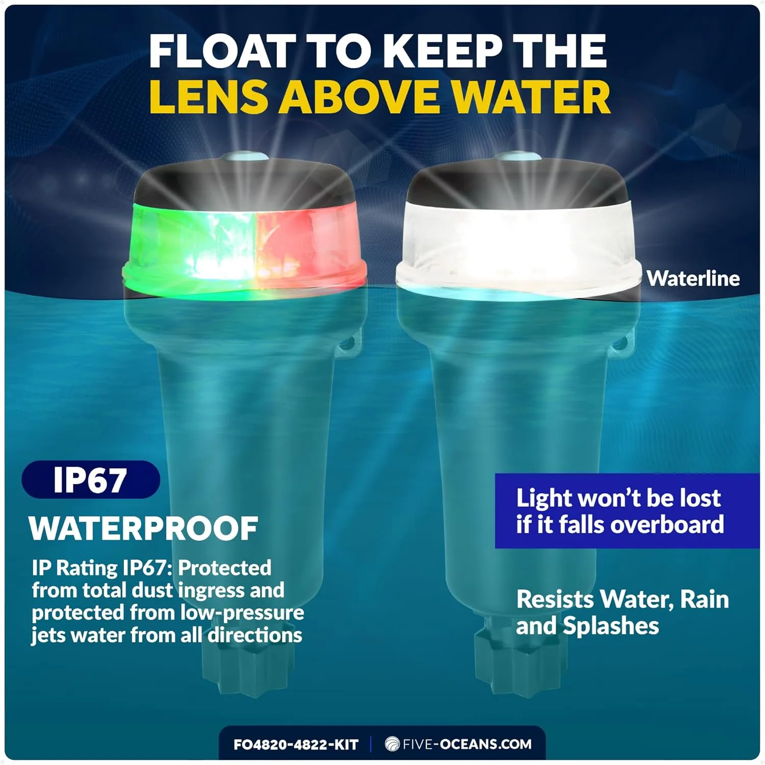 Five Oceans LED Portable Boat Navigation Light Kit, Bi-Color & All-Round Anchor Lights, IP67 Waterproof, Rail Mount, Battery-Powered, for Kayak, Canoe, Inflatable, Boats Up to 39 Ft - FO4820-4822-KIT