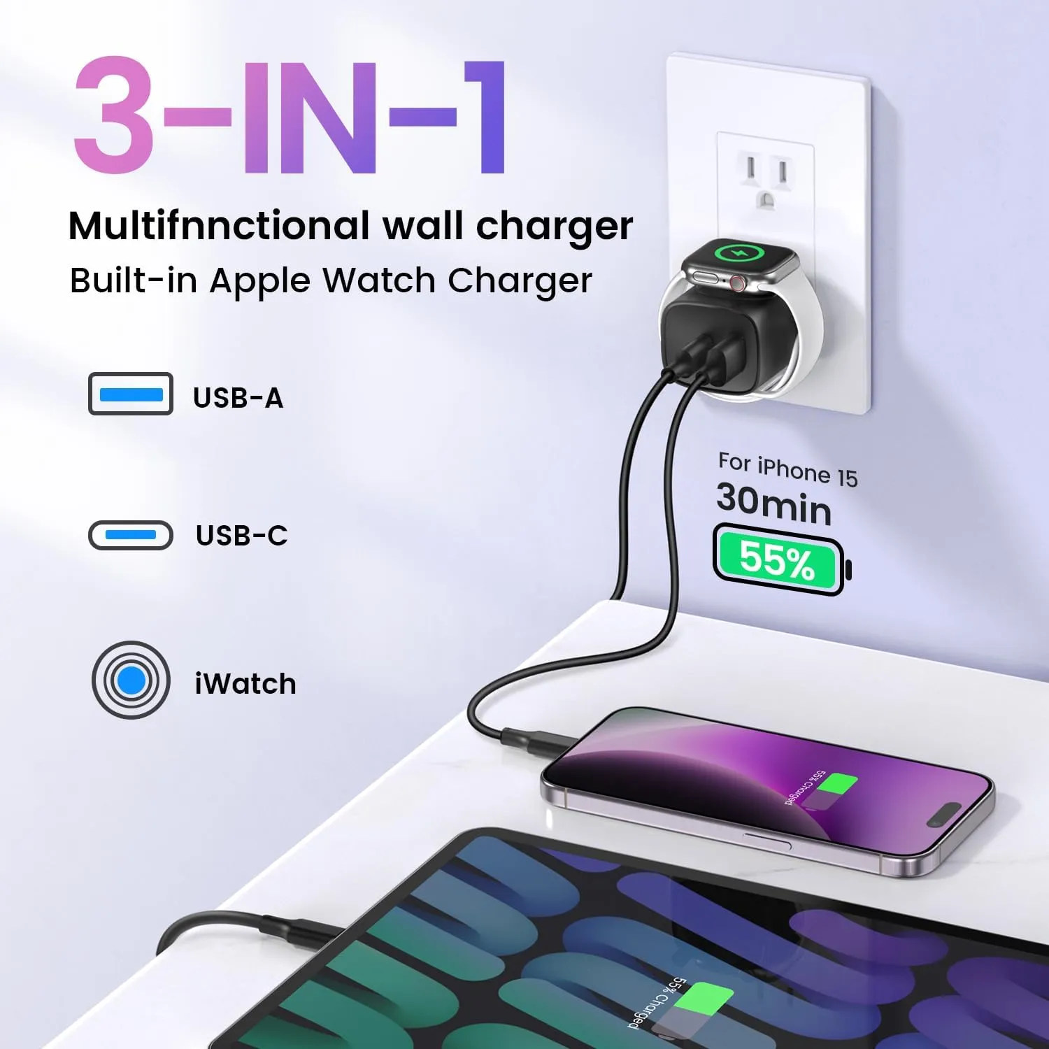 for Apple Watch Charger with 20W Fast Charging Block, 3 in 1 PD USB C Wall Charger Block for iWatch Series Ultra/9/8/7/6, Compatible with iPhone 16/16 Pro/iPhone 15 Series, Black