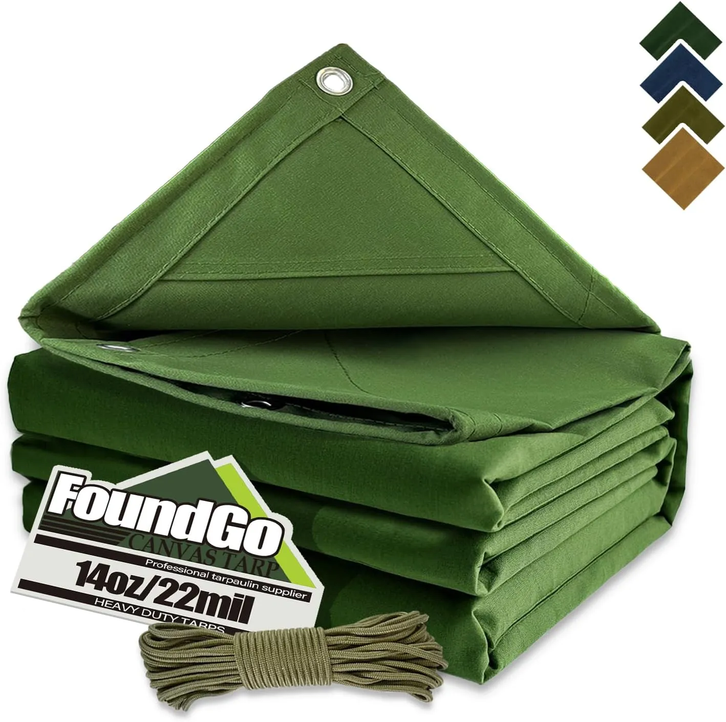 FoundGo Canvas Tarp 8x10ft Heavy Duty Waterresistant Tarps with Grommets, UV Resistant, 22 Mil Tarpaulin,14 oz Durable Cloth Covers for Car, Roof, Boat, Camp, Canopy, Woodpile with Ropes-Green