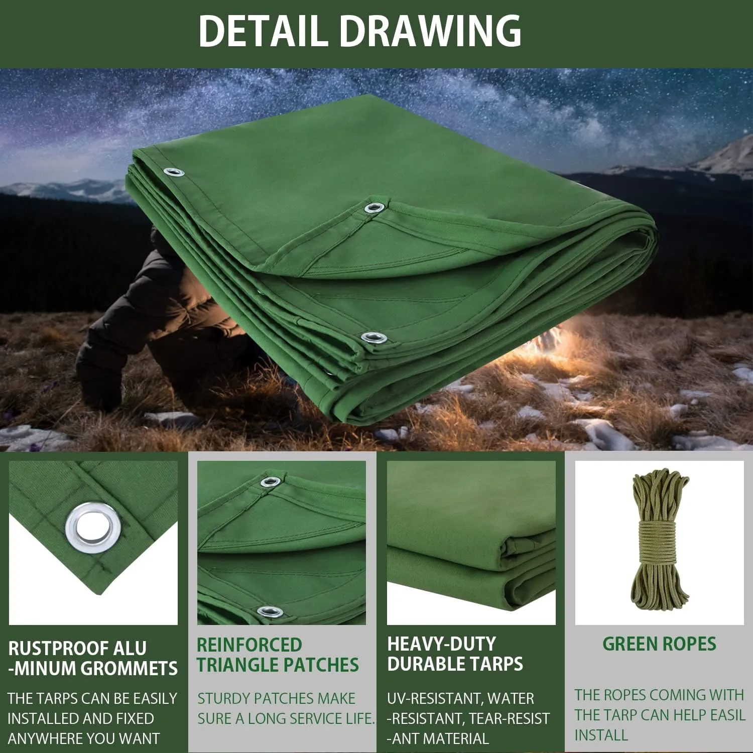 FoundGo Canvas Tarp 8x10ft Heavy Duty Waterresistant Tarps with Grommets, UV Resistant, 22 Mil Tarpaulin,14 oz Durable Cloth Covers for Car, Roof, Boat, Camp, Canopy, Woodpile with Ropes-Green