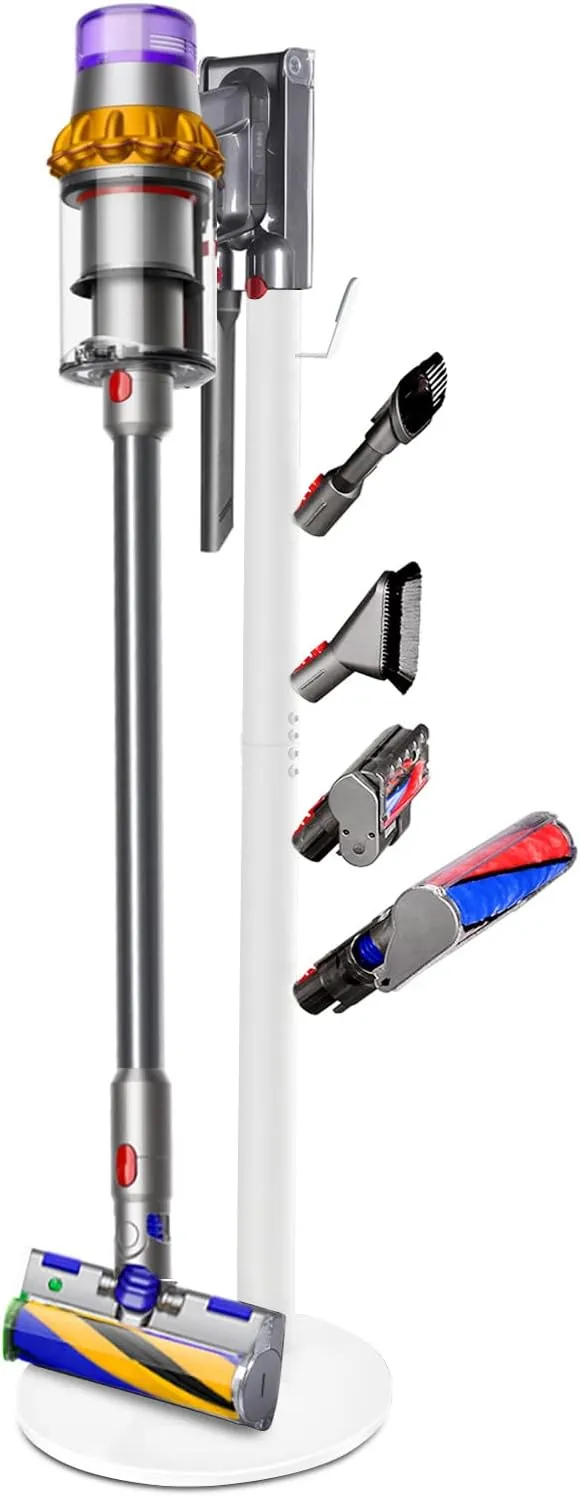 Freestanding Vacuum Stand Holder Compatible with V15 Detect, V11 V10 V8 V7 V6 Cordless Vacuum Cleaners, Floor Docking Station Metal Organizer Bracket with 5 Hooks, White