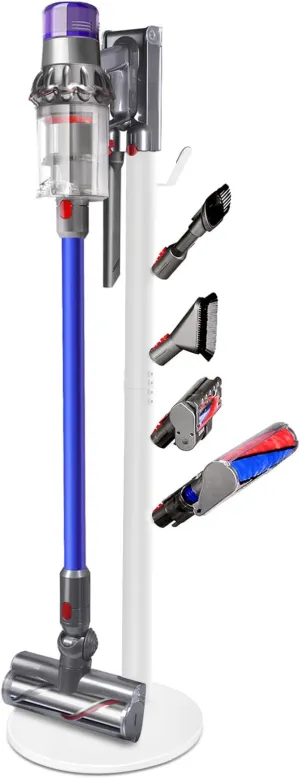 Freestanding Vacuum Stand Holder Compatible with V15 Detect, V11 V10 V8 V7 V6 Cordless Vacuum Cleaners, Floor Docking Station Metal Organizer Bracket with 5 Hooks, White