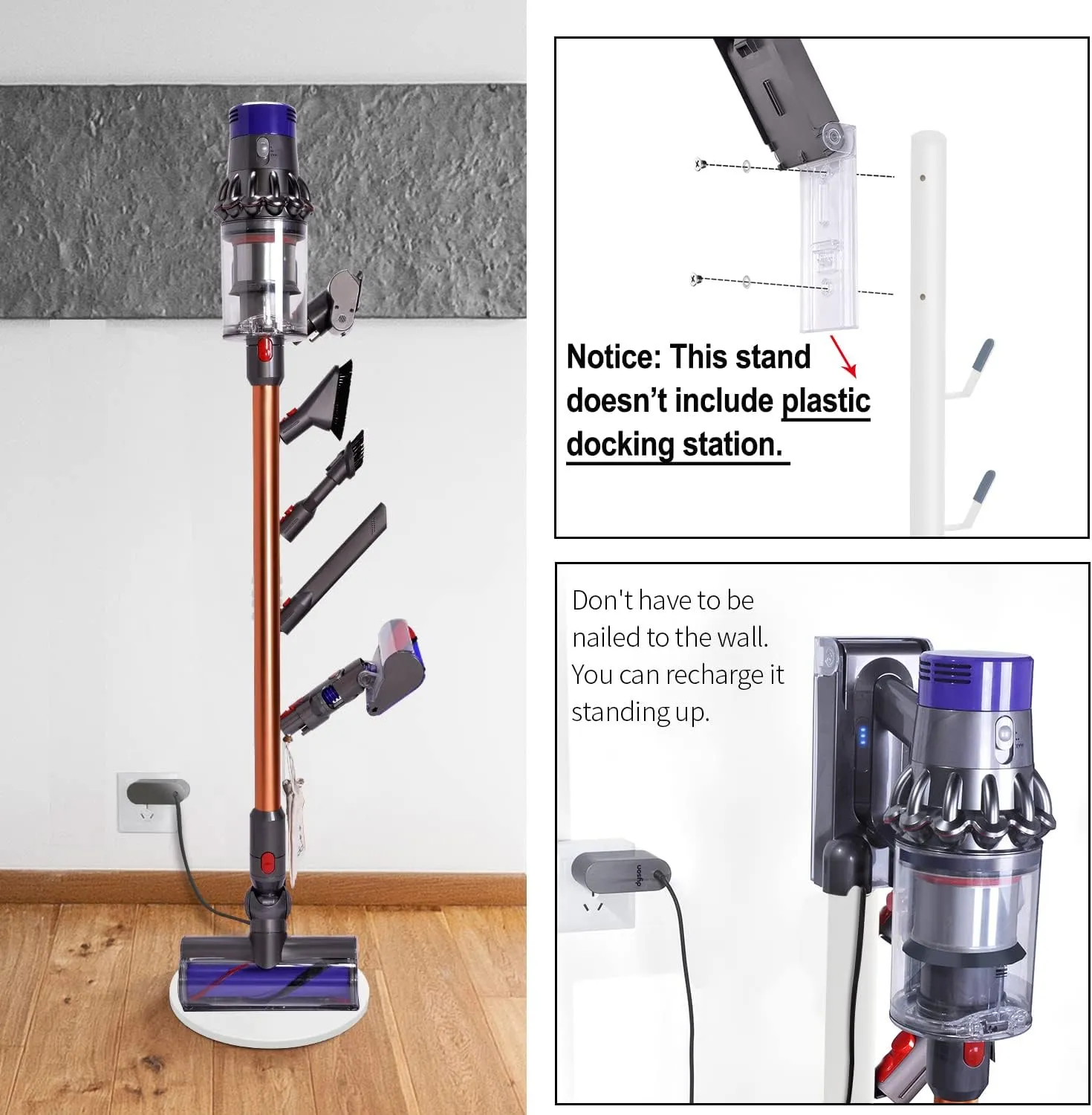 Freestanding Vacuum Stand Holder Compatible with V15 Detect, V11 V10 V8 V7 V6 Cordless Vacuum Cleaners, Floor Docking Station Metal Organizer Bracket with 5 Hooks, White