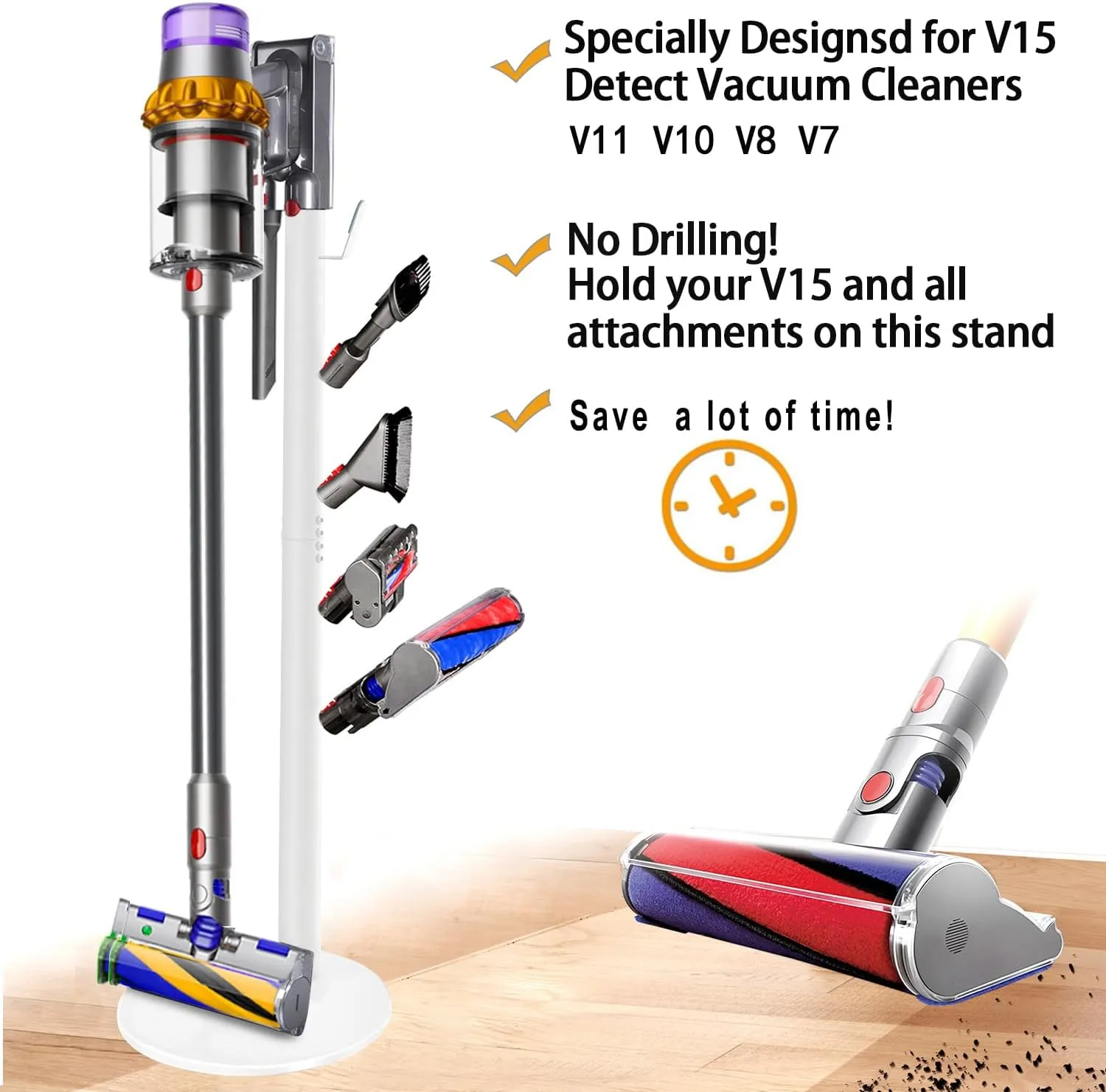 Freestanding Vacuum Stand Holder Compatible with V15 Detect, V11 V10 V8 V7 V6 Cordless Vacuum Cleaners, Floor Docking Station Metal Organizer Bracket with 5 Hooks, White