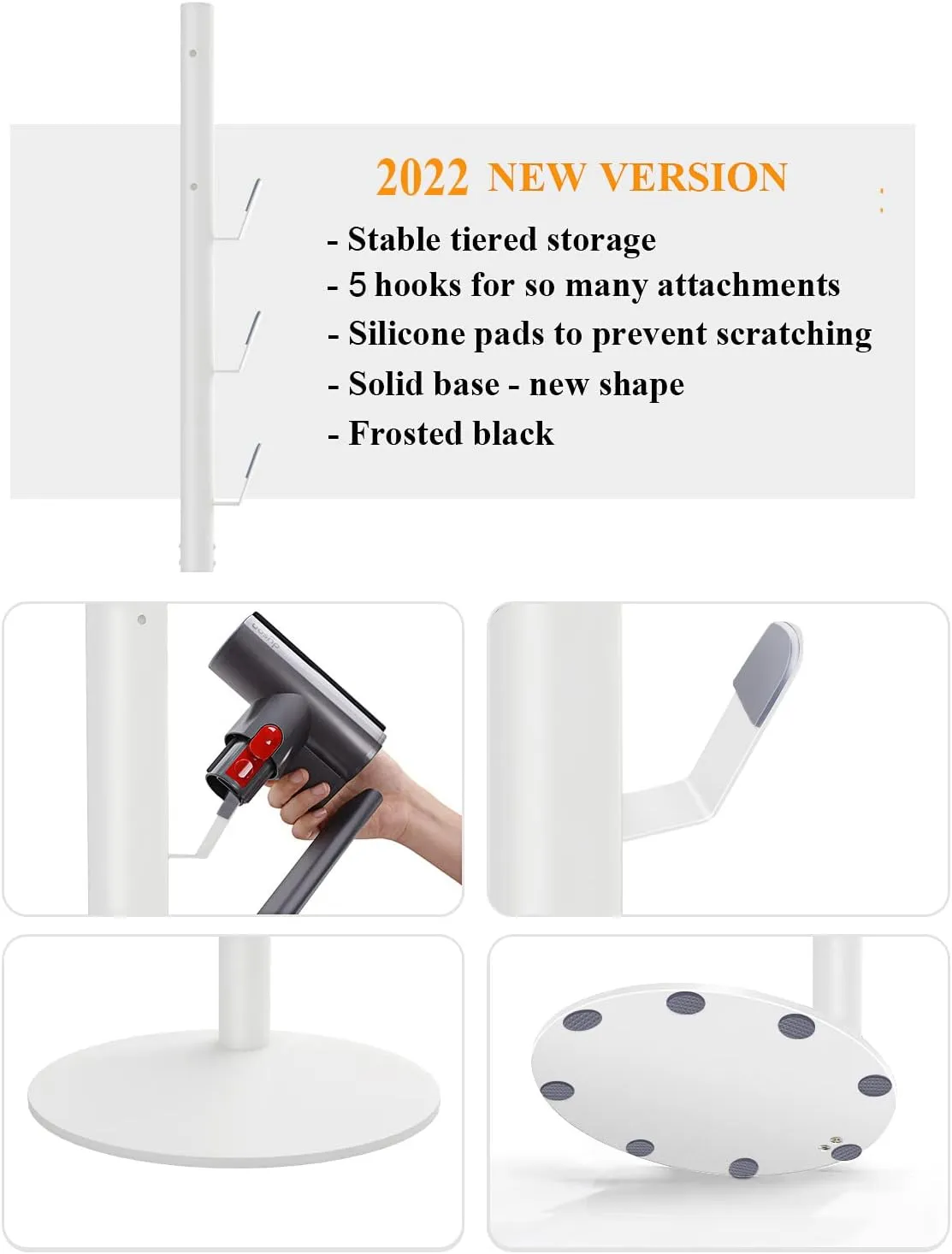 Freestanding Vacuum Stand Holder Compatible with V15 Detect, V11 V10 V8 V7 V6 Cordless Vacuum Cleaners, Floor Docking Station Metal Organizer Bracket with 5 Hooks, White
