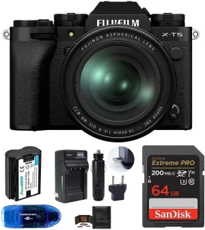 Fujifilm X-T5 Mirrorless Digital Camera with XF 16-80mm f/4 R OIS WR Lens Bundle, Includes: SanDisk 64GB Extreme PRO SDXC Memory Card, Spare Battery   More (6 Items) (Black)